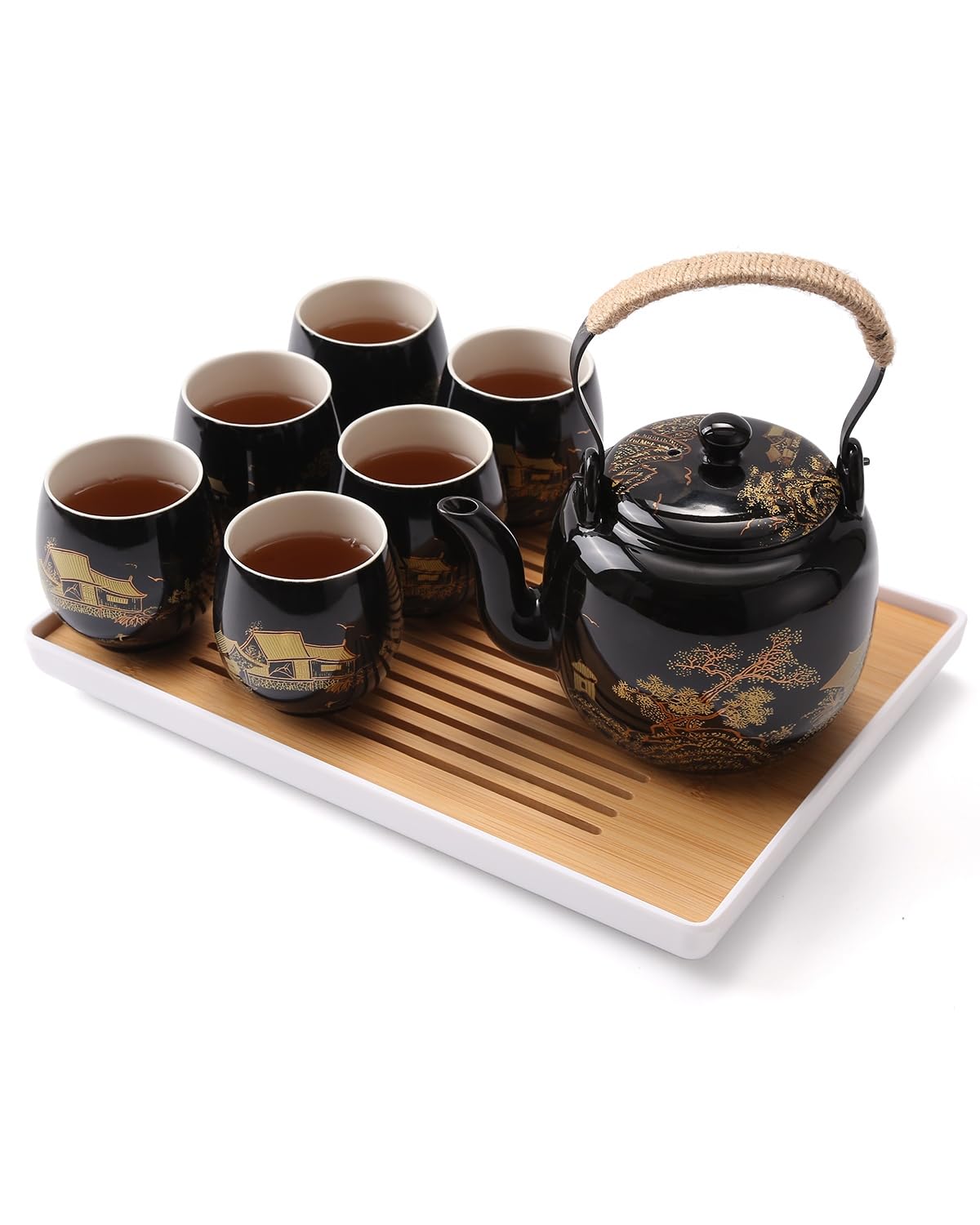 Service à Thé Japonais Dujust, Service à Thé en Porcelaine Noire avec 1 Théière, 6 Tasses à Thé, 1 Plateau de Service, 1 Infuseur en Acier Inoxydable, Magnifique Service à Thé Asiatique pour les Amateurs de Thé/Femmes/Hommes (Campagne Dorée)