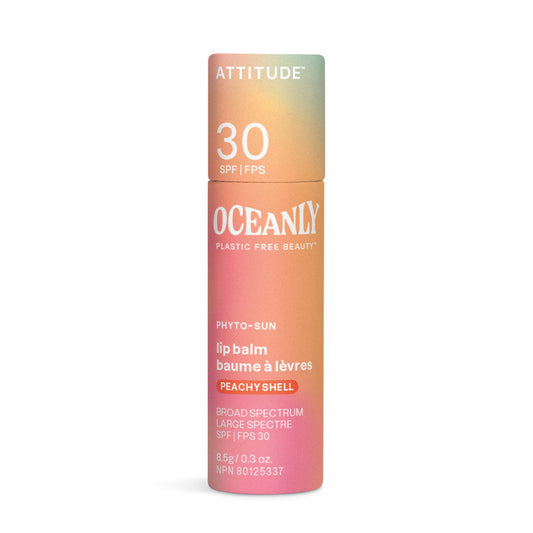 ATTITUDE Oceanly Tinted Lip Balm with SPF 30, Made in Canada, EWG Verified, Plastic-Free, Broad Spectrum UVA/UVB Protection with Zinc Oxide, Vegan, Unscented, Peachy Shell, 8.5 grams