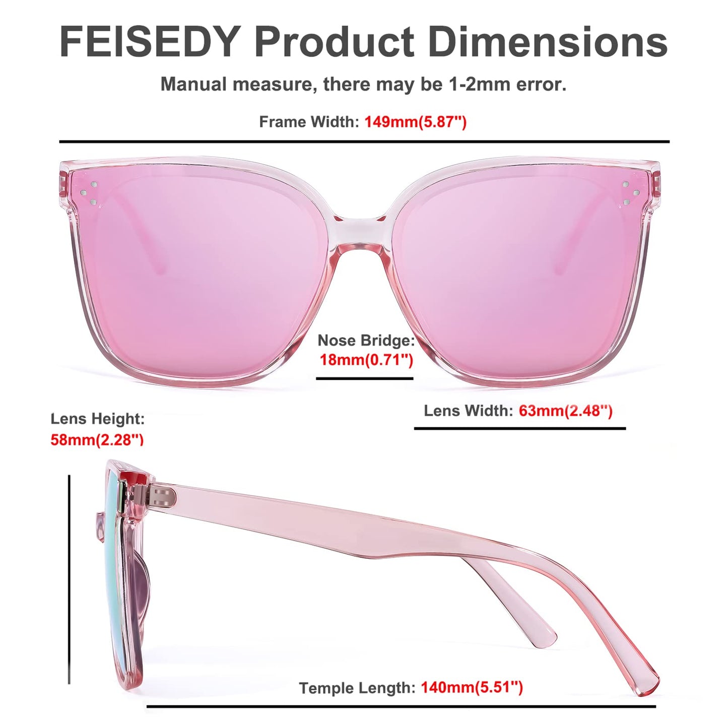 FEISEDY Lunettes de soleil polarisées carrées surdimensionnées rétro pour femmes et hommes, style minimaliste B2600