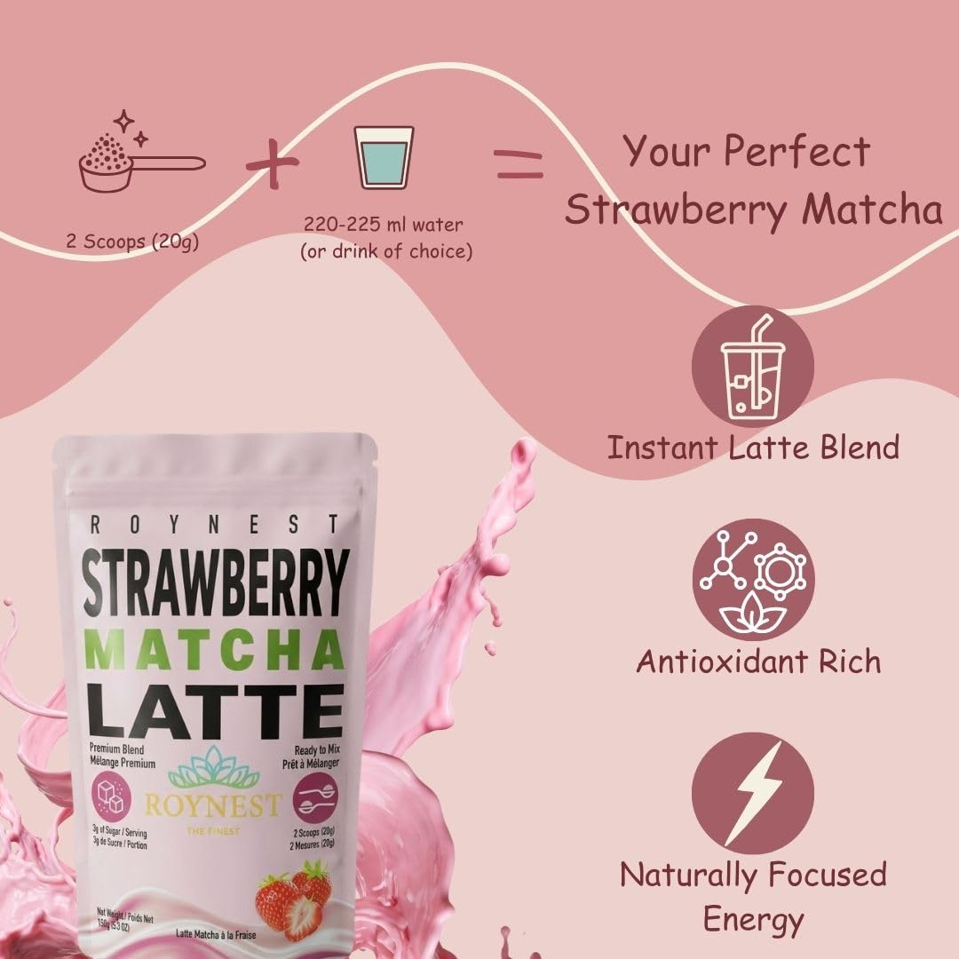 Poudre de Latté Matcha Fraise Premium Faible en Sucre - Lots de 1 et 2 par Roynest