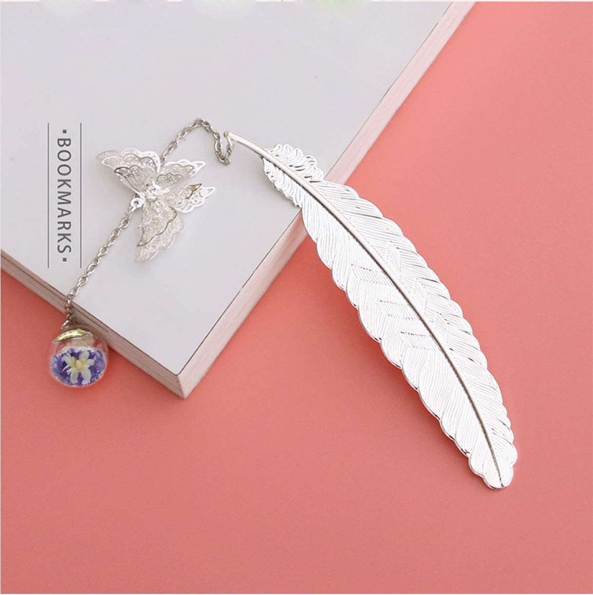 Jiazhenep Metal Feather Bookmark with Butterfly Charms,Mothers Day Christmas Gifts,Teacher Appreciation Gifts Bookmarks for Women Grils Mom Readers Book Lovers