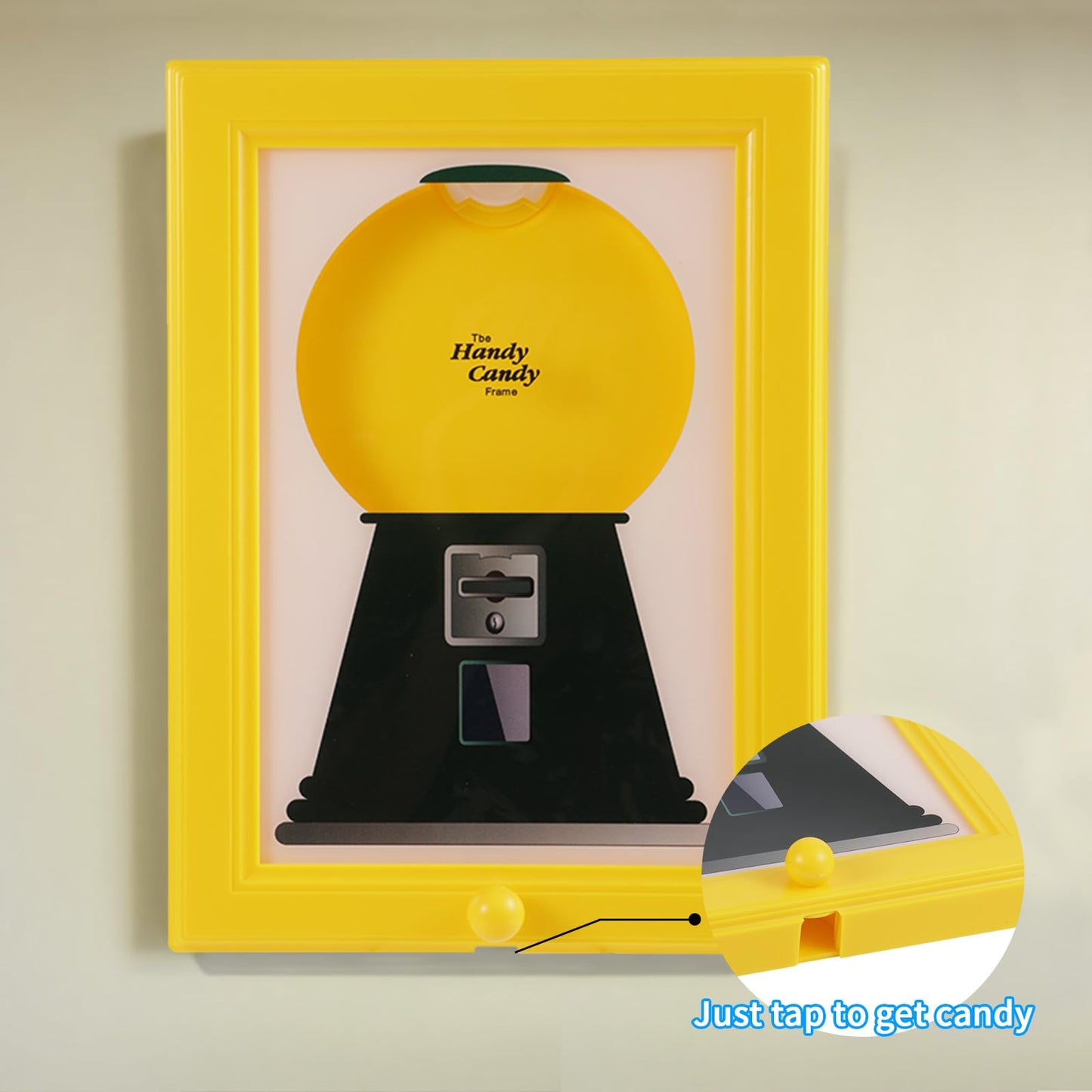 Candy Dispenser Picture Frame, Wall Mount Gumball Machine Creative Handy Candy Dispenser for Desk Countertop Adults & Children Room Decorative Sweet Display (Yellow)