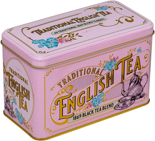 New English Teas Vintage Victorian Tea Tin in Pink with 40 1869 Blend Teabags