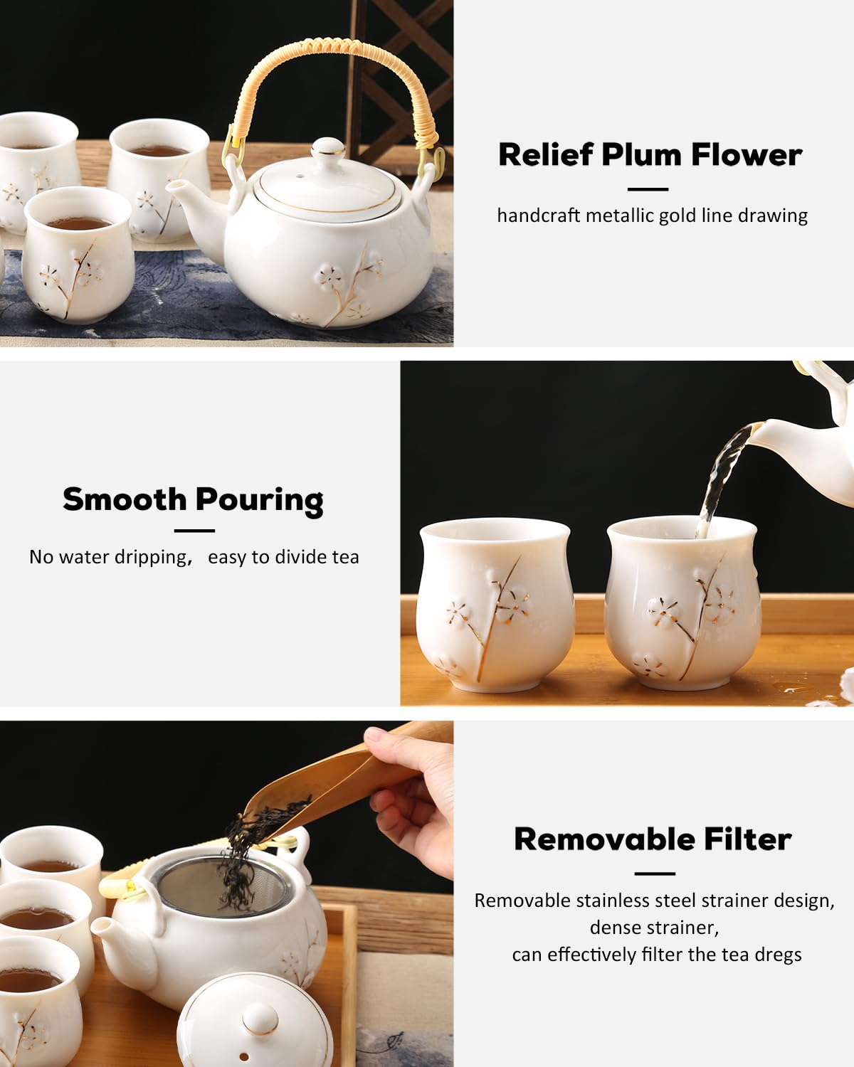 Service à Thé Japonais Dujust, Service à Thé en Porcelaine Noire avec 1 Théière, 6 Tasses à Thé, 1 Plateau de Service, 1 Infuseur en Acier Inoxydable, Magnifique Service à Thé Asiatique pour les Amateurs de Thé/Femmes/Hommes (Campagne Dorée)