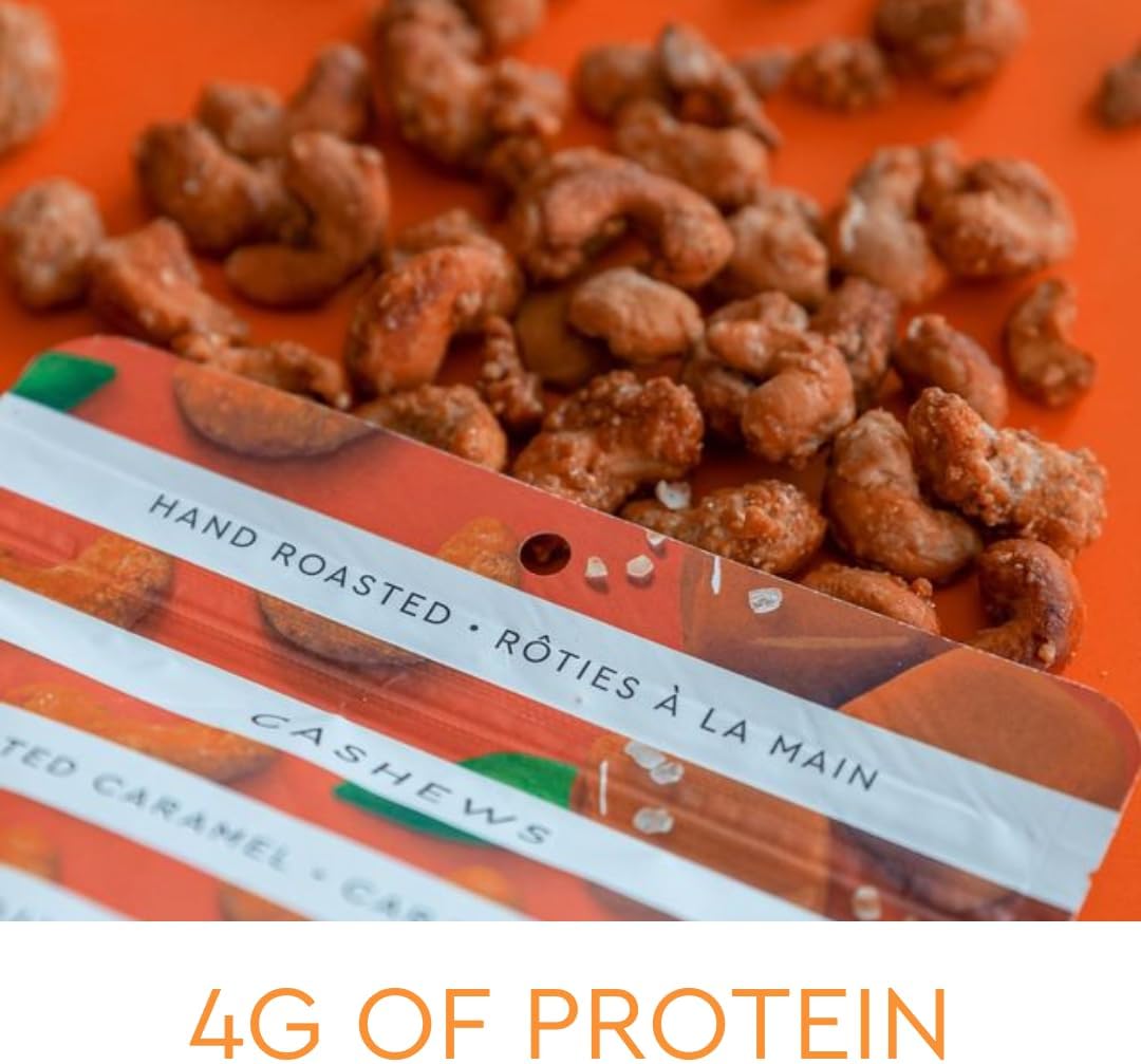 Handfuel Salted Caramel Cashews, Hand Roasted Salted Cashews, 4g of Protein, Proudly Canadian Made Plant Based Flavoured Nuts - 40g Per Pouch (12 Count)