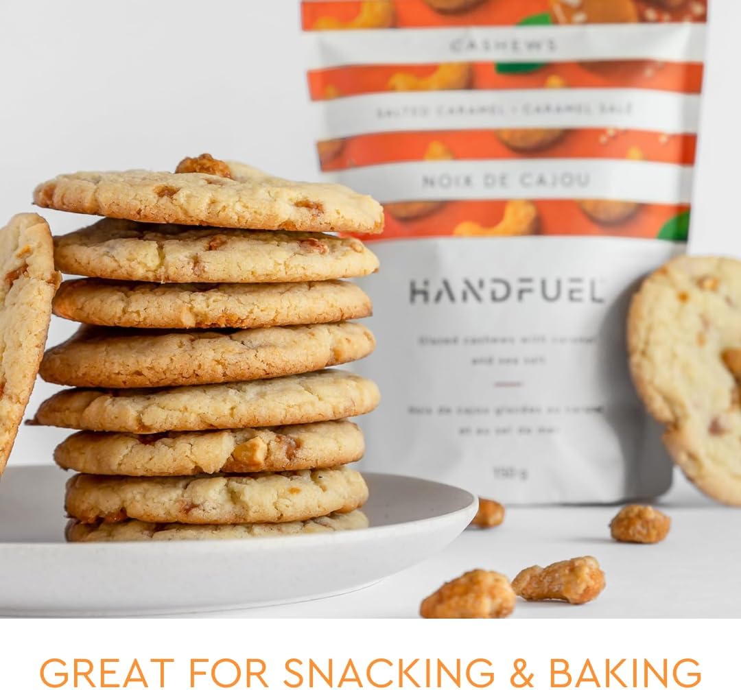 Handfuel Salted Caramel Cashews, Hand Roasted Salted Cashews, 4g of Protein, Proudly Canadian Made Plant Based Flavoured Nuts - 40g Per Pouch (12 Count)