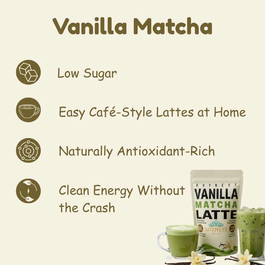 Poudre de Matcha Latte Premium à la Vanille Faible en Sucre - Lots de 1 et 2 par Roynest