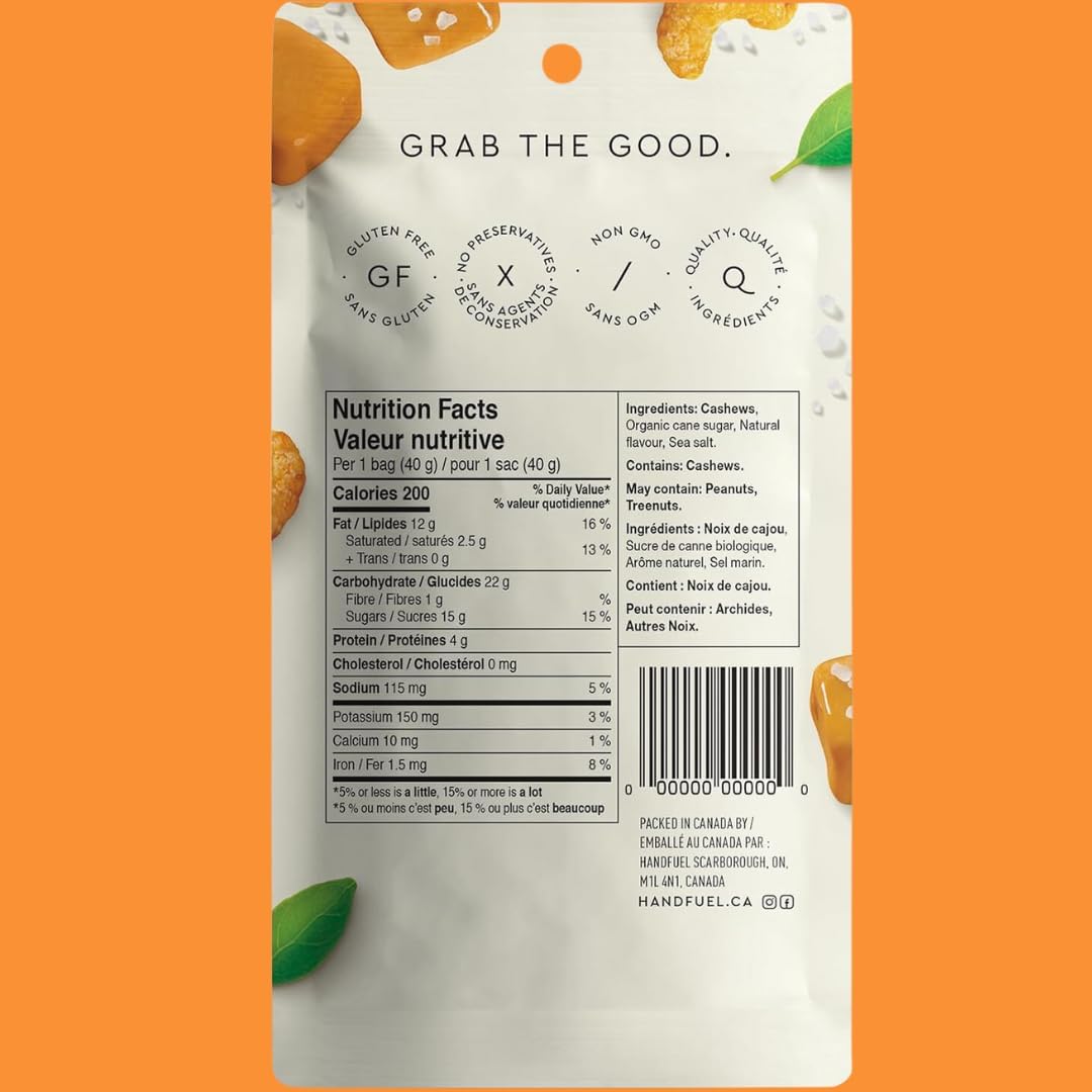 Handfuel Salted Caramel Cashews, Hand Roasted Salted Cashews, 4g of Protein, Proudly Canadian Made Plant Based Flavoured Nuts - 40g Per Pouch (12 Count)