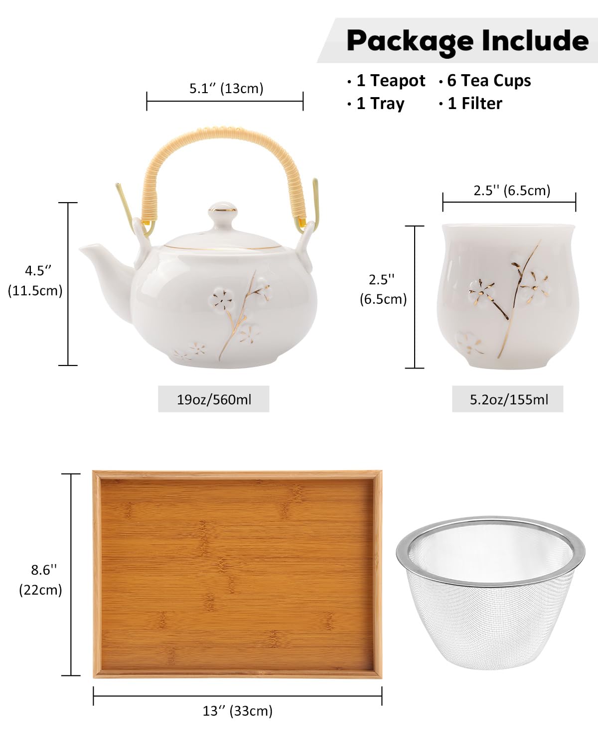 Service à Thé Japonais Dujust, Service à Thé en Porcelaine Noire avec 1 Théière, 6 Tasses à Thé, 1 Plateau de Service, 1 Infuseur en Acier Inoxydable, Magnifique Service à Thé Asiatique pour les Amateurs de Thé/Femmes/Hommes (Campagne Dorée)
