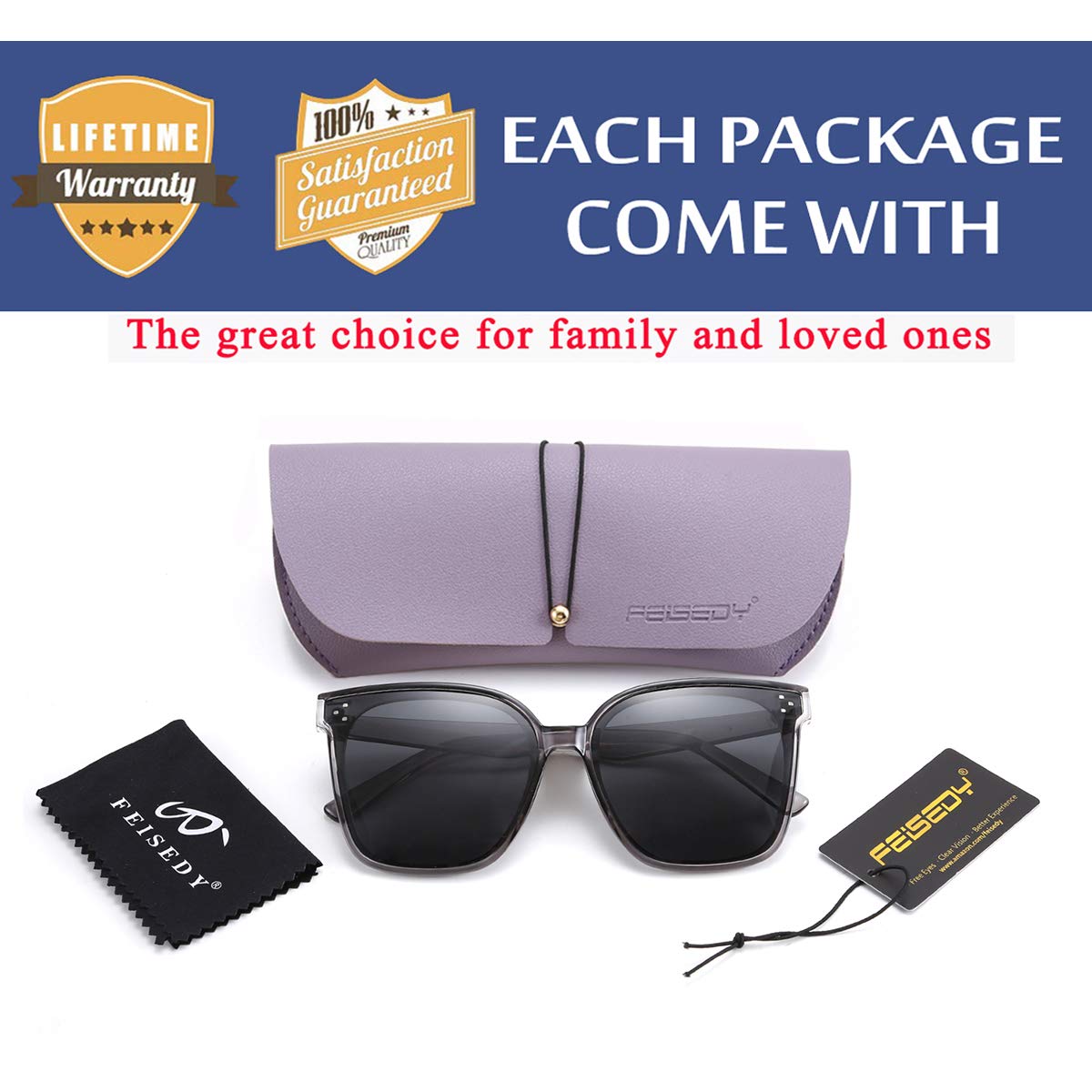 FEISEDY Lunettes de soleil polarisées carrées surdimensionnées rétro pour femmes et hommes, style minimaliste B2600