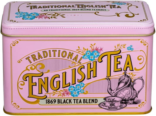 New English Teas Vintage Victorian Tea Tin in Pink with 40 1869 Blend Teabags