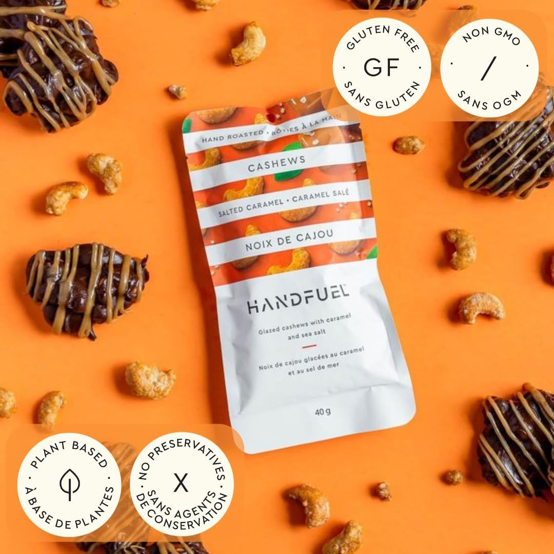 Handfuel Salted Caramel Cashews, Hand Roasted Salted Cashews, 4g of Protein, Proudly Canadian Made Plant Based Flavoured Nuts - 40g Per Pouch (12 Count)