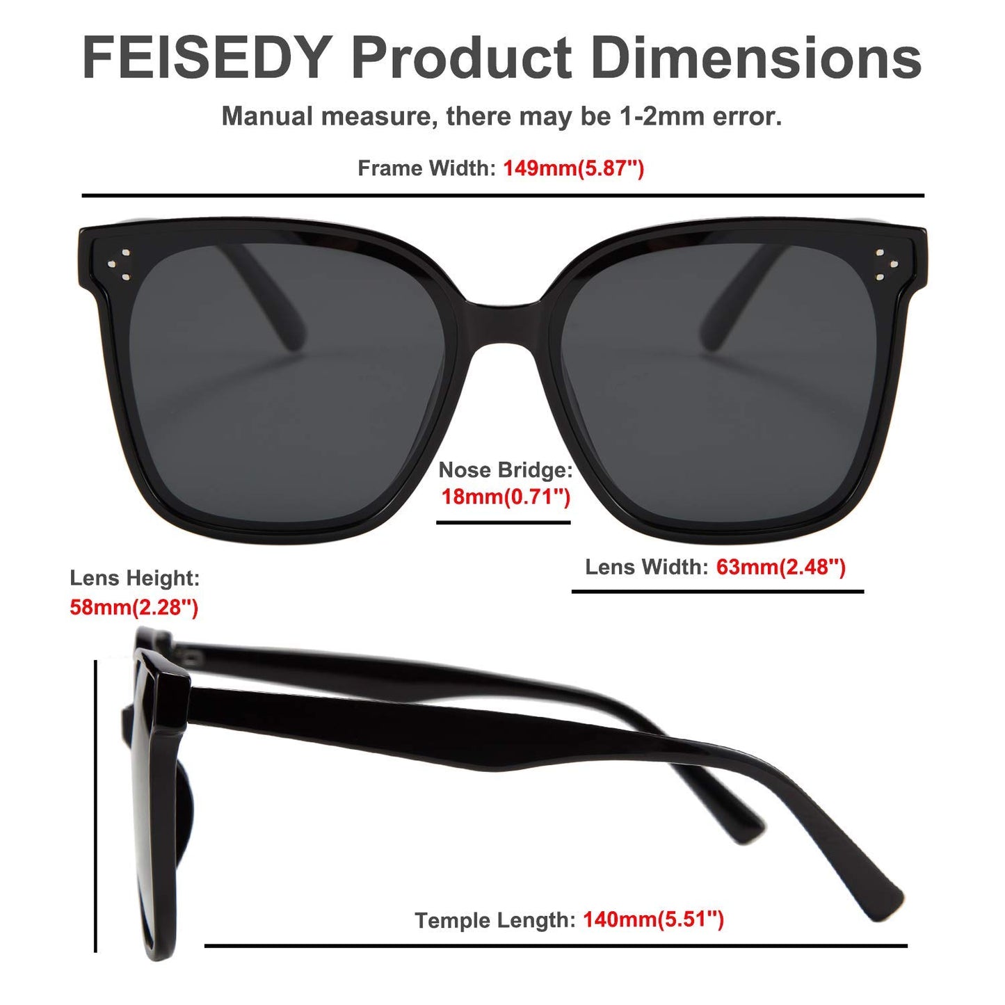 FEISEDY Lunettes de soleil polarisées carrées surdimensionnées rétro pour femmes et hommes, style minimaliste B2600