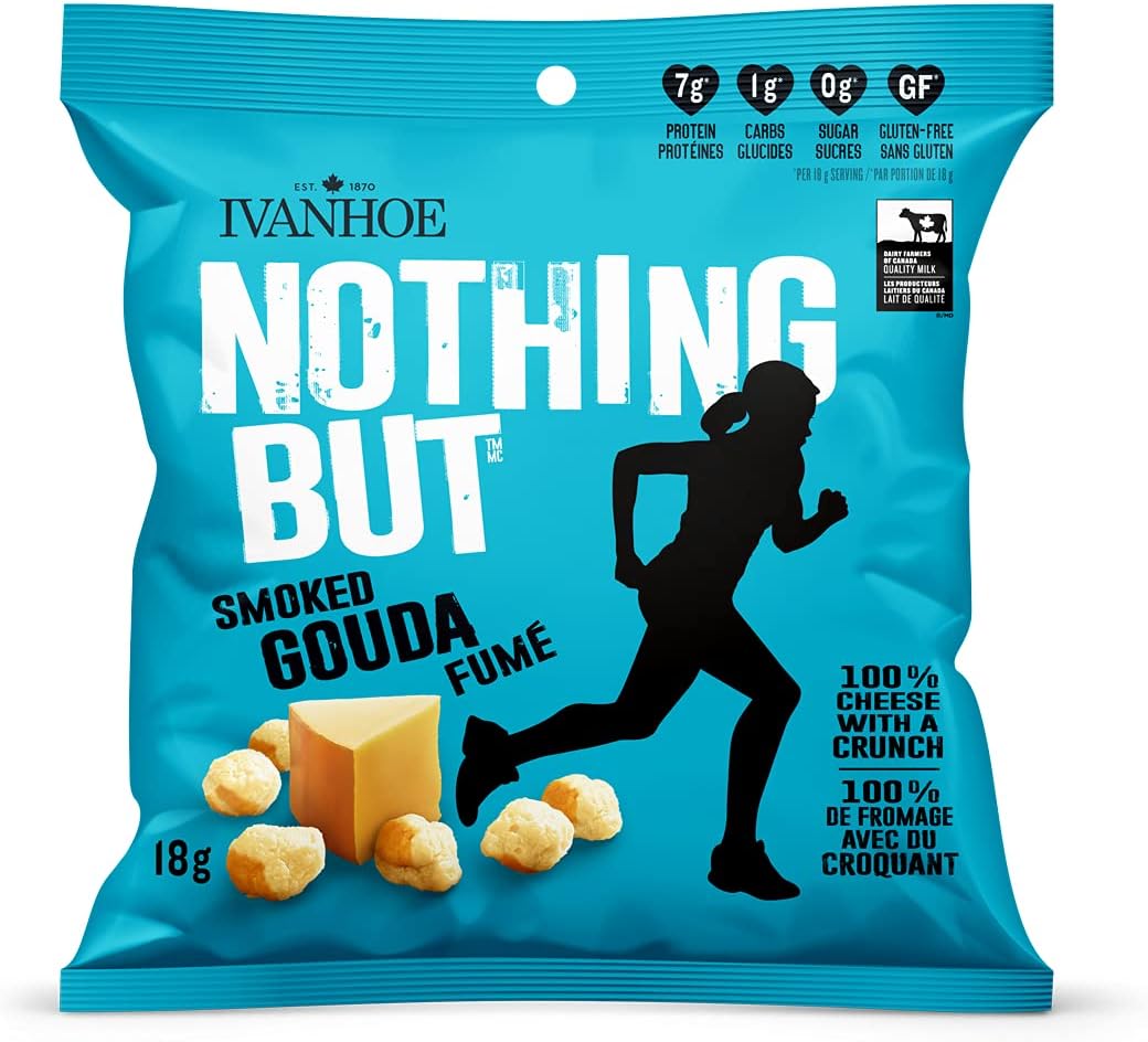 Ivanhoe Nothing But Cheese 100% Canadian Puffed High Protein Cheese Snacks, Smoked Gouda, (12x18g bags)