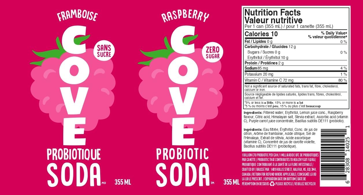 Cove Probiotic Soda, Zero Sugar Better-For-You Alternative - Refreshing, Delicious Probiotic Drink, No Artificial Colours & Caffeine Free - Raspberry, 12 Pack