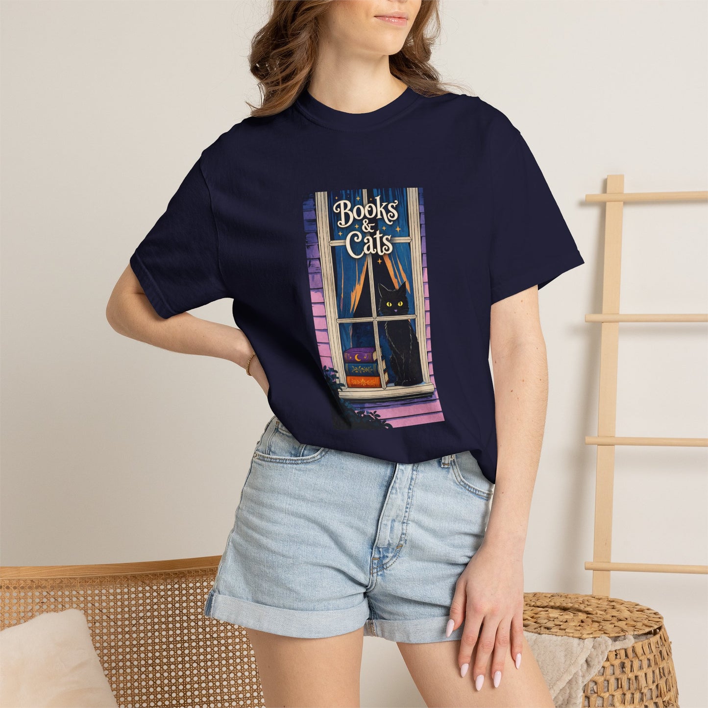 "Books & Cats" T-Shirt — Cozy Bookshop Window Graphic Tee