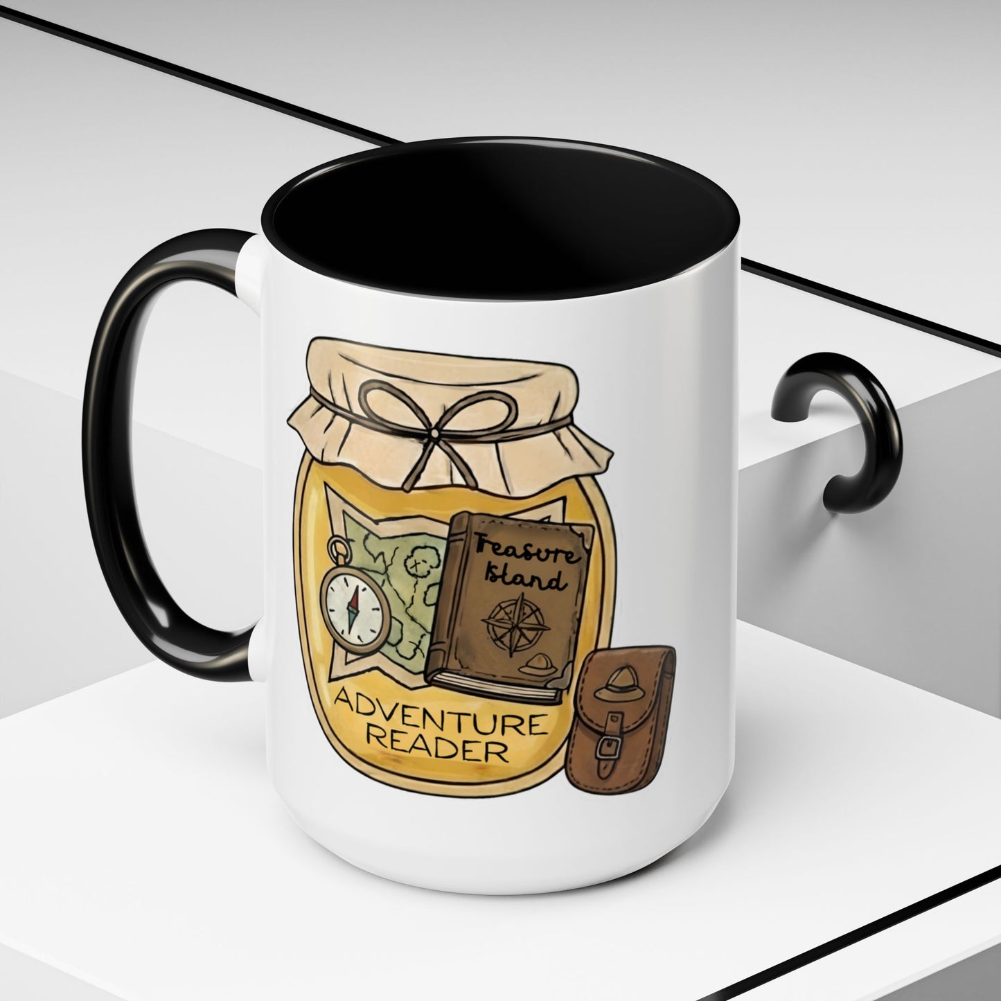 "Adventure Reader" Accent Coffee Mug — Bookish Travel Compass & Treasure Jam Jar Design