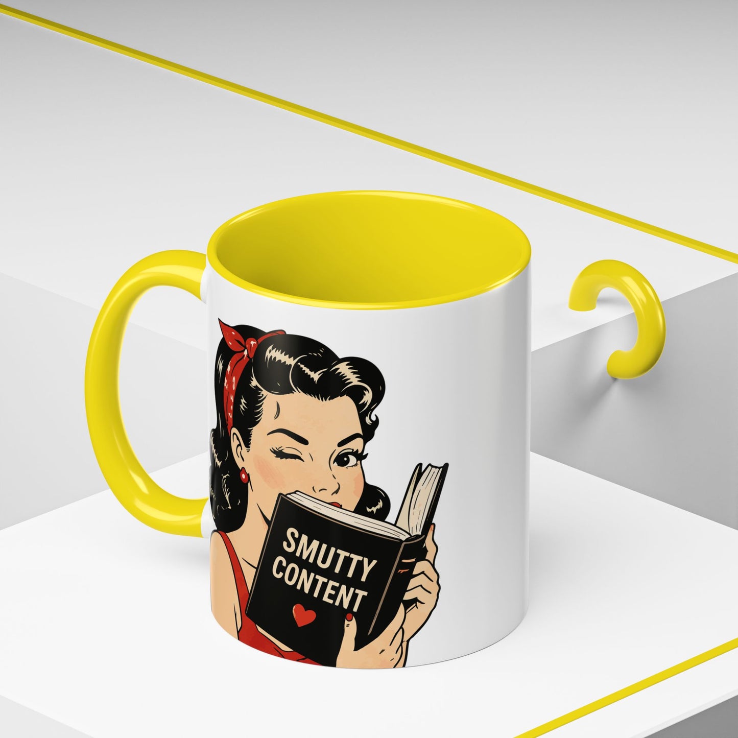 Retro Pin-Up Coffee Mug — Vintage Pop Art Woman with Heart Lollipop (11oz)