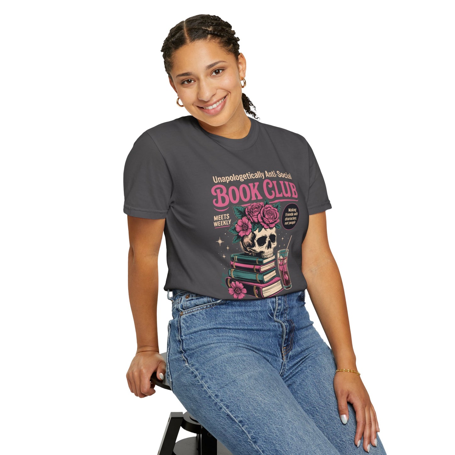"Unapologetically Anti-Social Book Club" T-Shirt — Skull & Books Graphic Tee for Avid Readers