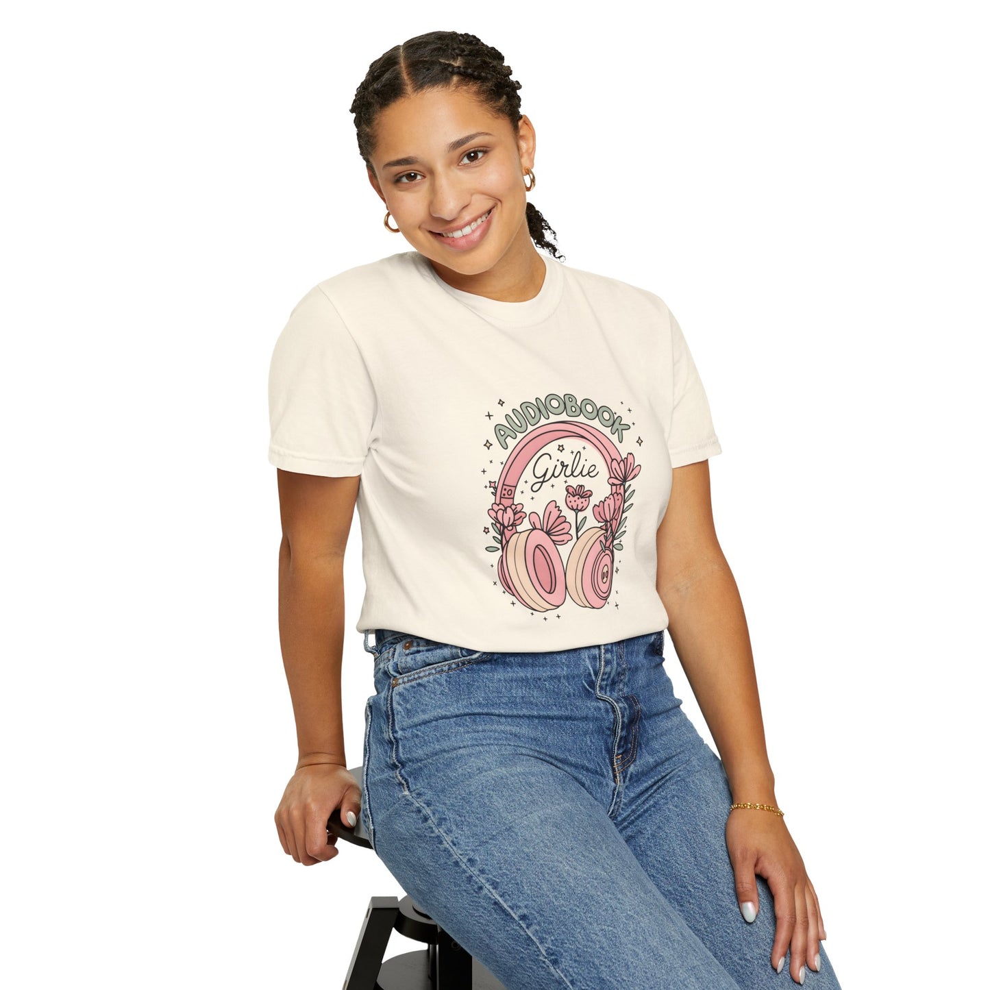 "Audiobook Girlie" T-Shirt — Floral Headphones Graphic Tee