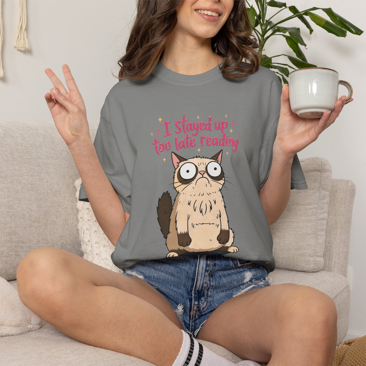 "I Stayed Up Too Late Reading" Cat T-Shirt — Cute Book Lover Graphic Tee