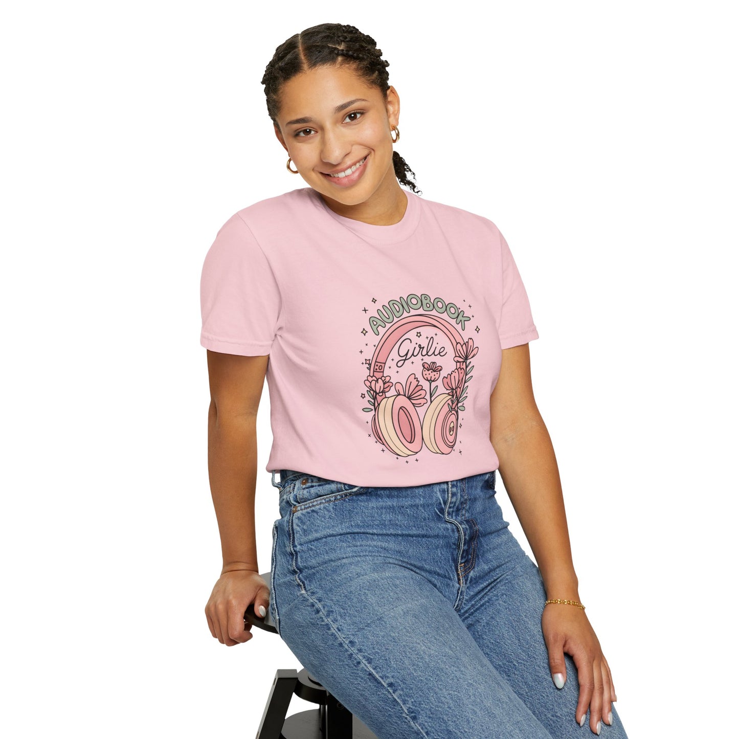 "Audiobook Girlie" T-Shirt — Floral Headphones Graphic Tee