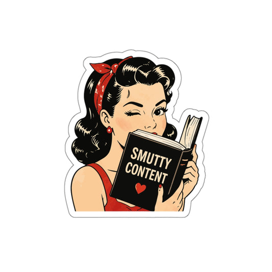 Die-Cut Sticker — Retro Pin-up Girl Reading “Smutty Content” (Vintage Sassy Booksticker)