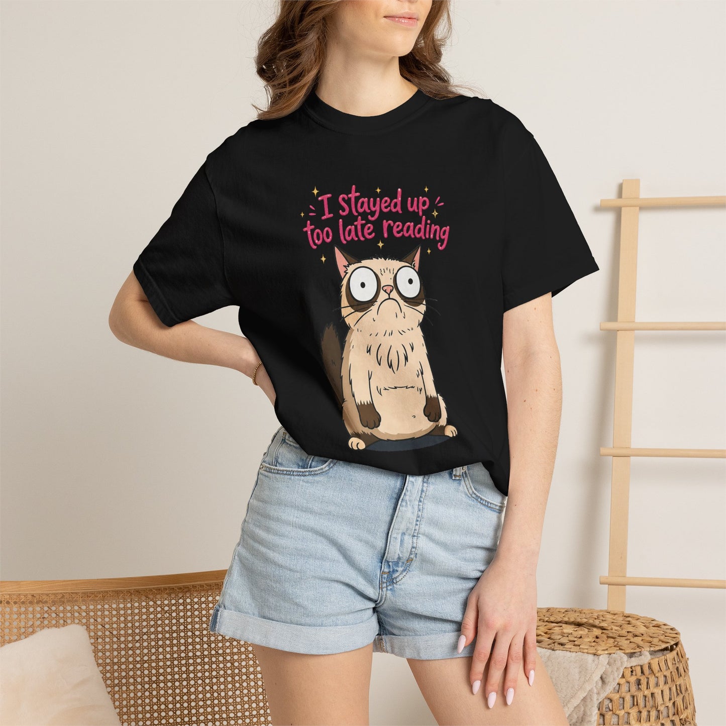 "I Stayed Up Too Late Reading" Cat T-Shirt — Cute Book Lover Graphic Tee