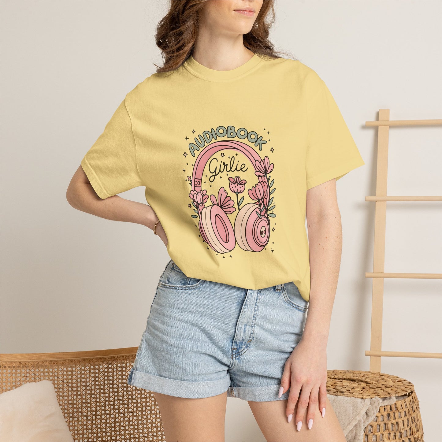 "Audiobook Girlie" T-Shirt — Floral Headphones Graphic Tee