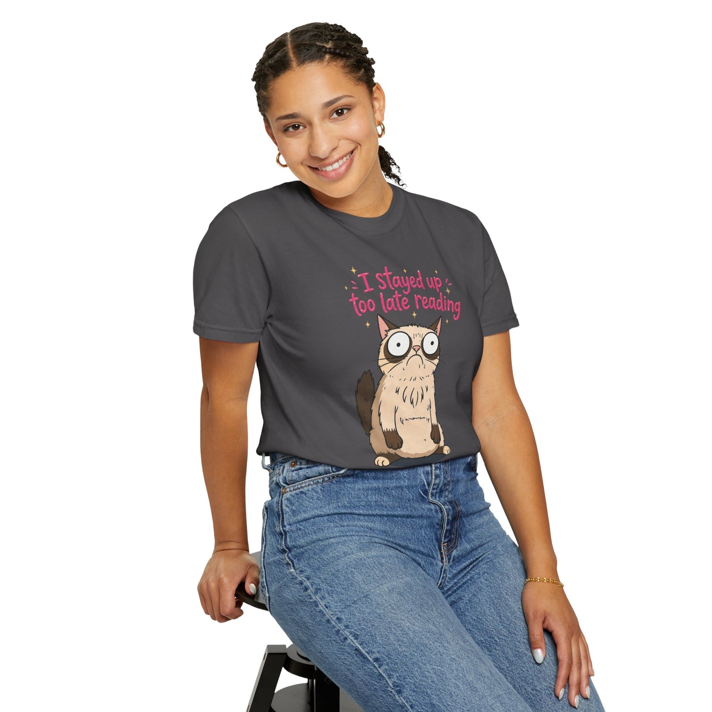 "I Stayed Up Too Late Reading" Cat T-Shirt — Cute Book Lover Graphic Tee