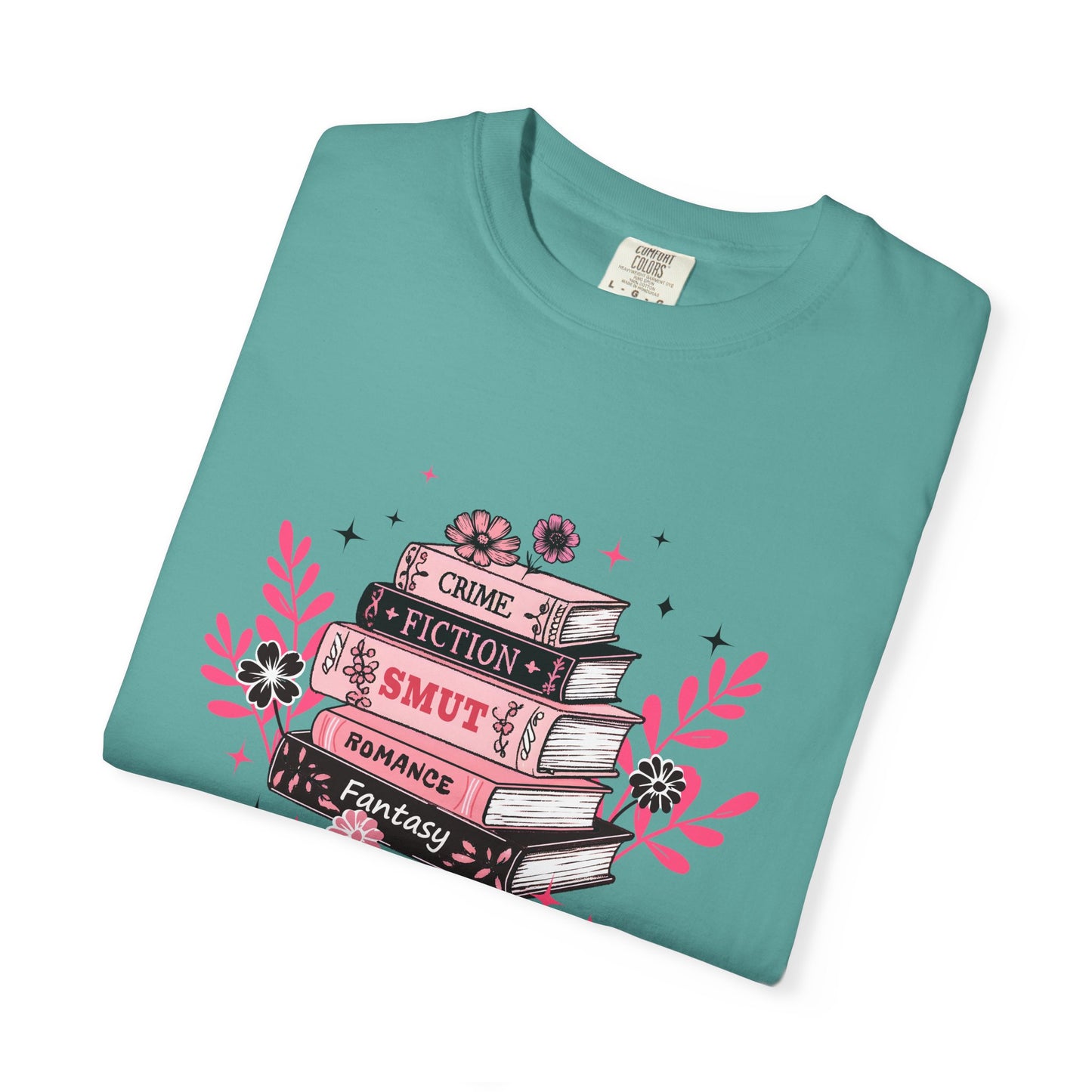 Book Stack Graphic T-Shirt — Cute Floral Reading Shirt (Crime, Fiction, Smut, Romance)