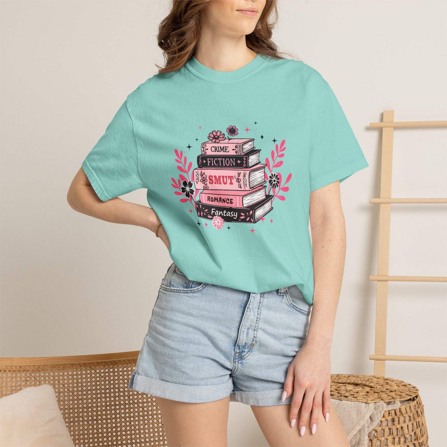 Book Stack Graphic T-Shirt — Cute Floral Reading Shirt (Crime, Fiction, Smut, Romance)