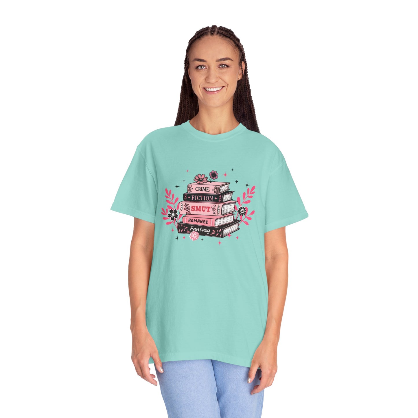 Book Stack Graphic T-Shirt — Cute Floral Reading Shirt (Crime, Fiction, Smut, Romance)