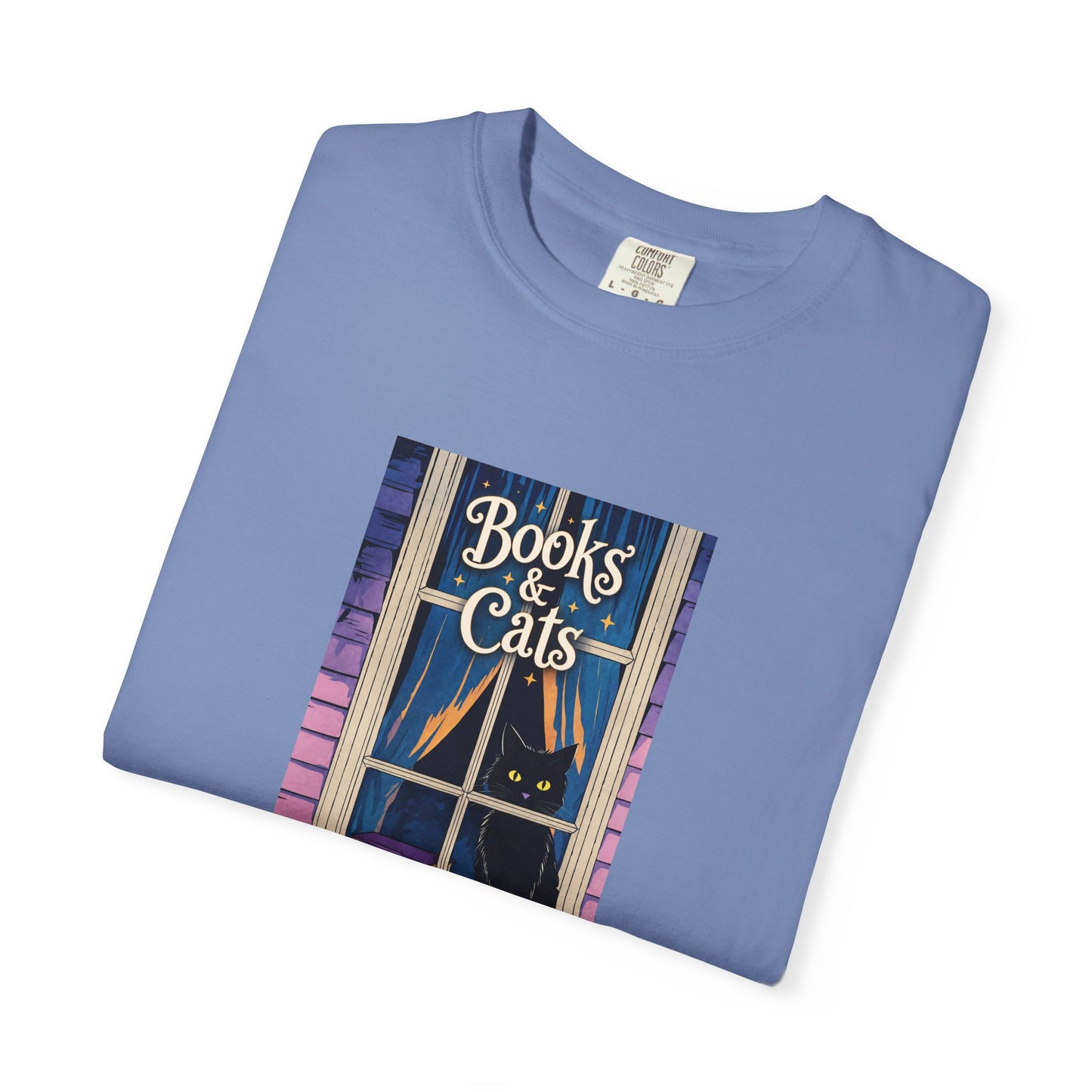 "Books & Cats" T-Shirt — Cozy Bookshop Window Graphic Tee