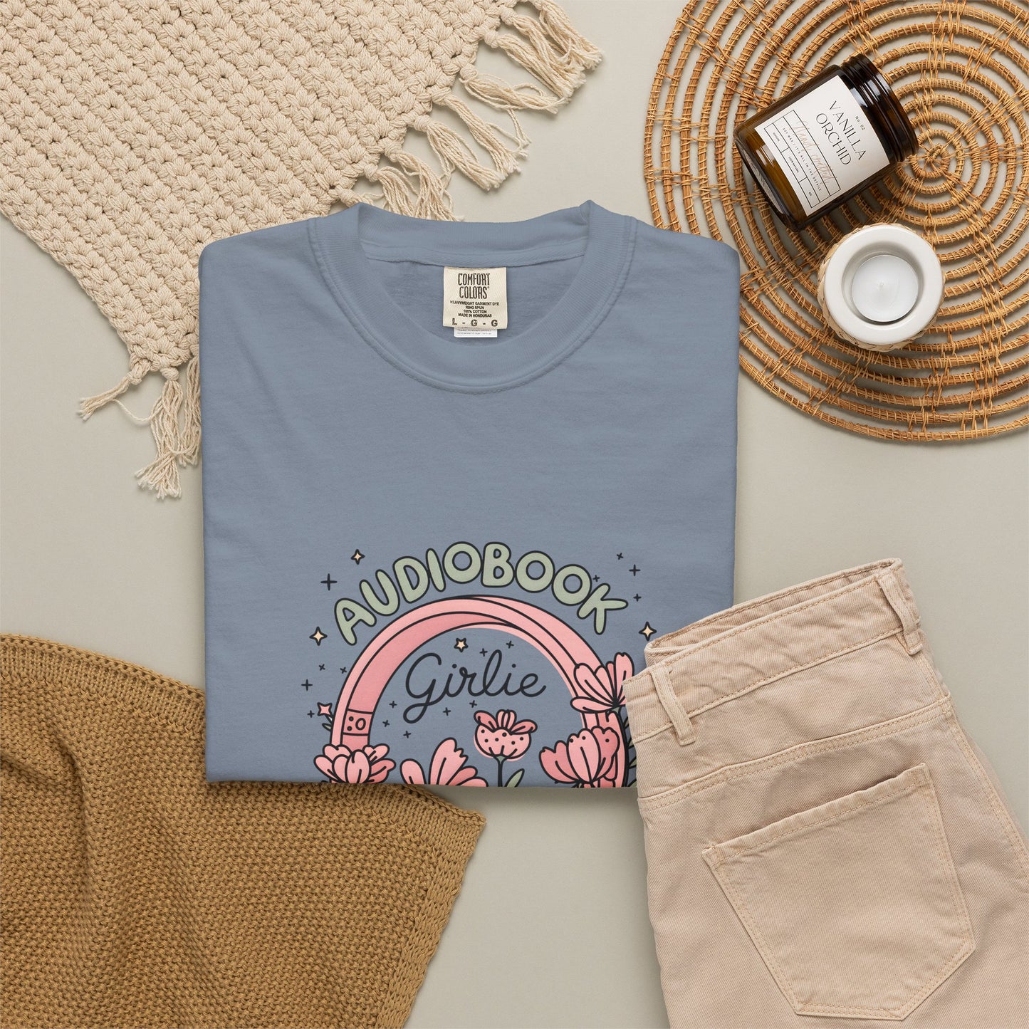 "Audiobook Girlie" T-Shirt — Floral Headphones Graphic Tee