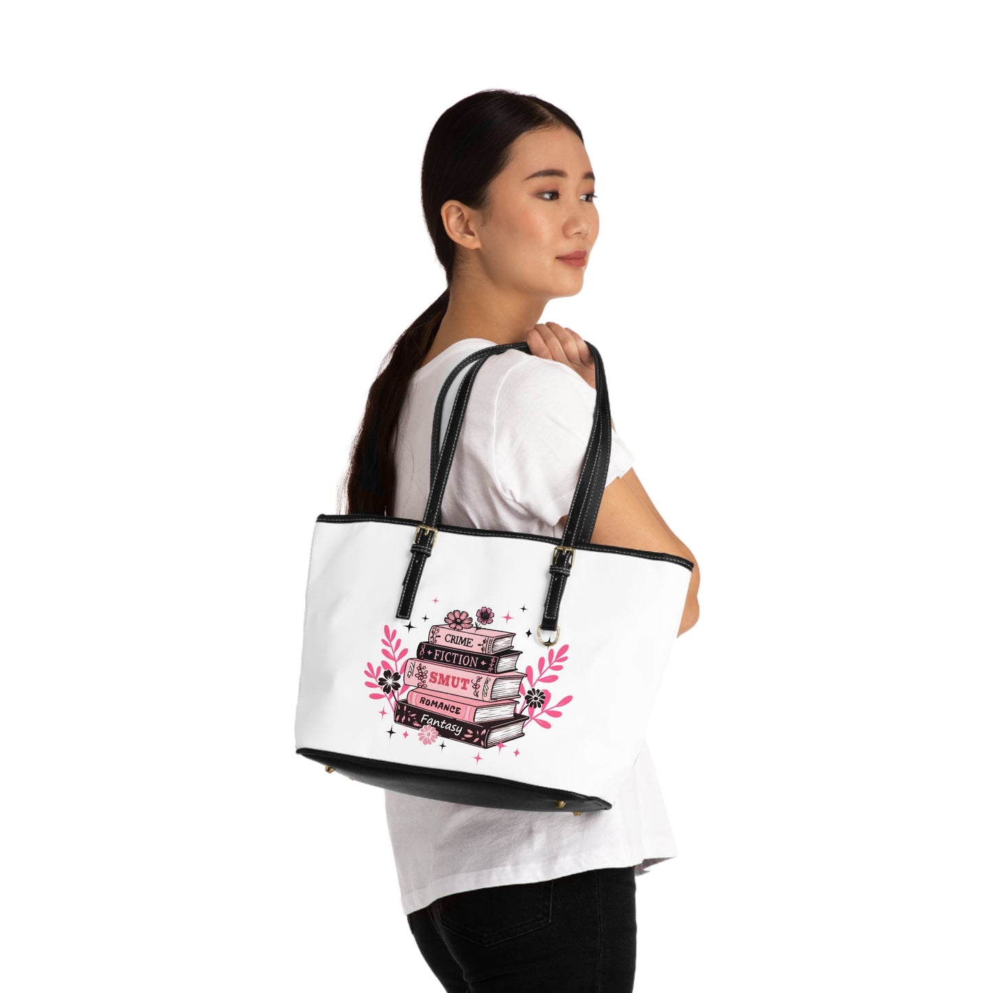 Book Stack PU Leather Shoulder Bag — Feminine Floral Library Tote