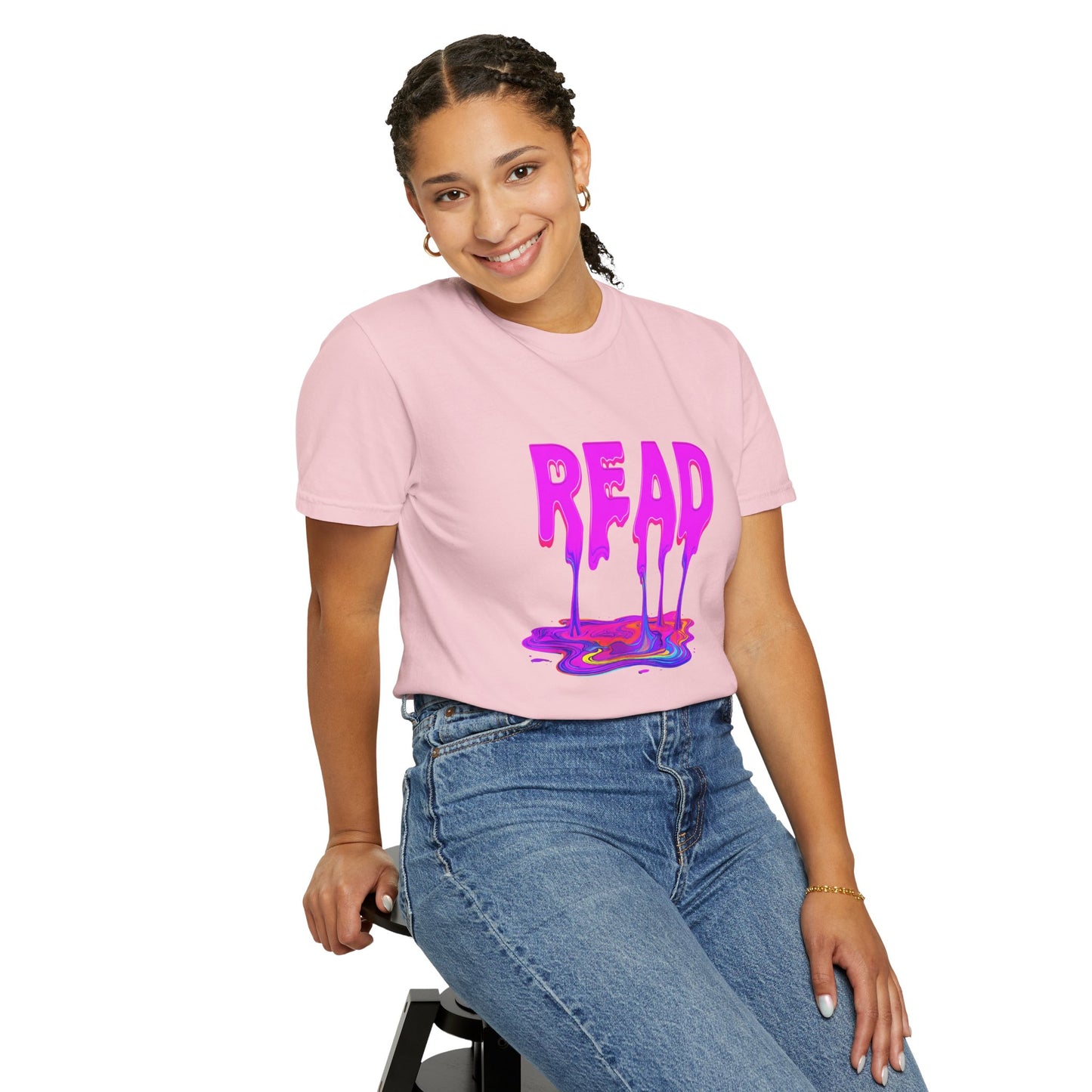 "READ" Dripping Graphic T-Shirt — Psychedelic Melting Book Design