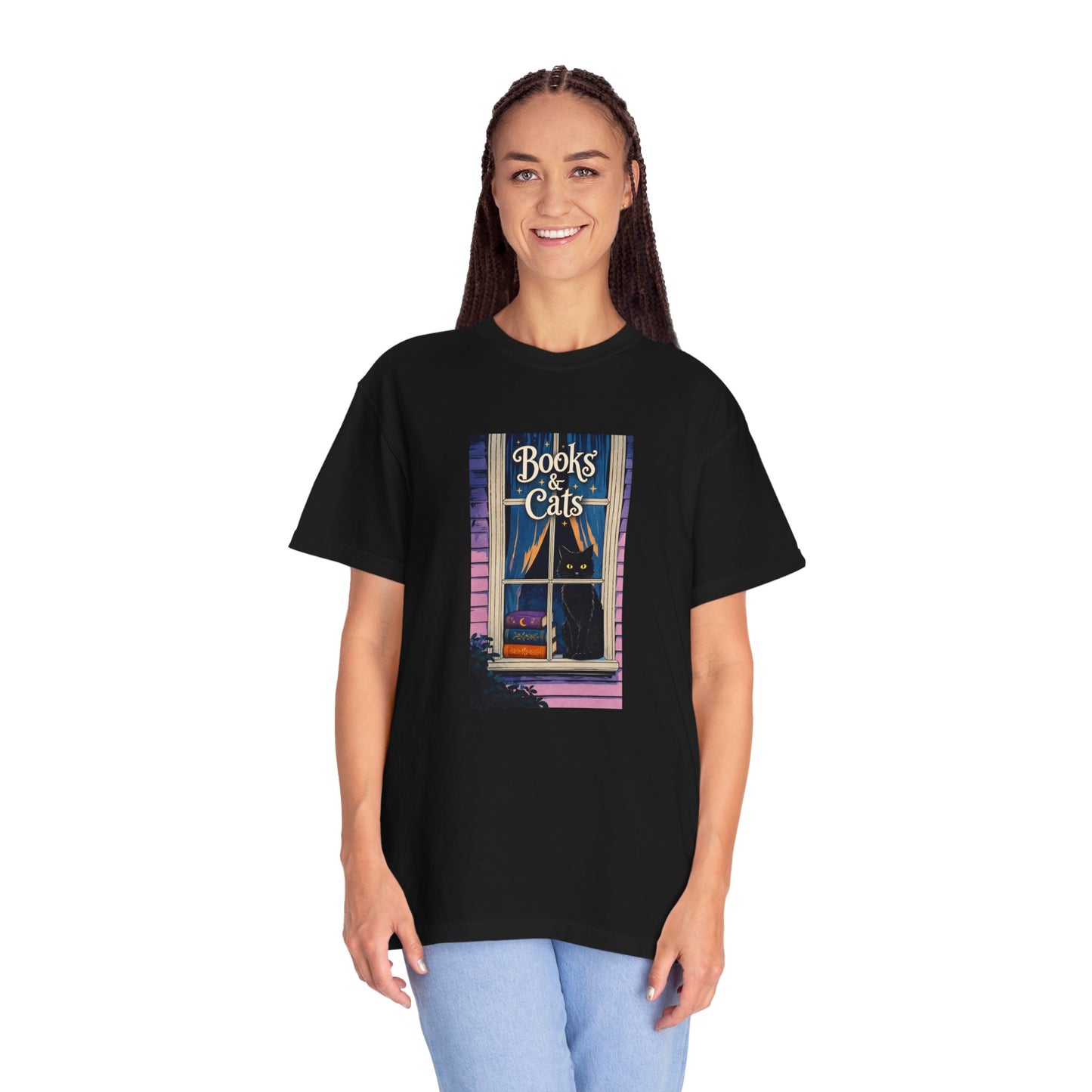 "Books & Cats" T-Shirt — Cozy Bookshop Window Graphic Tee