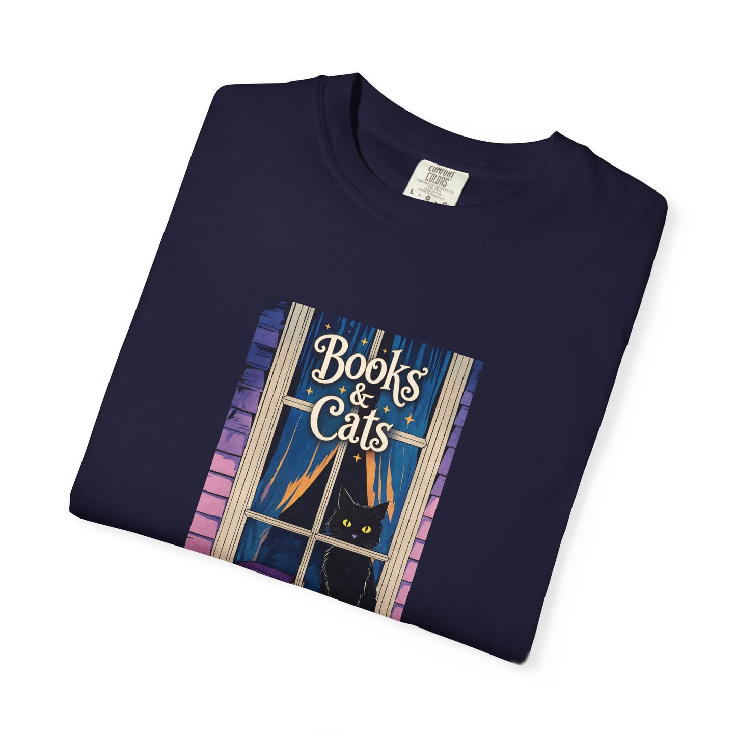 "Books & Cats" T-Shirt — Cozy Bookshop Window Graphic Tee