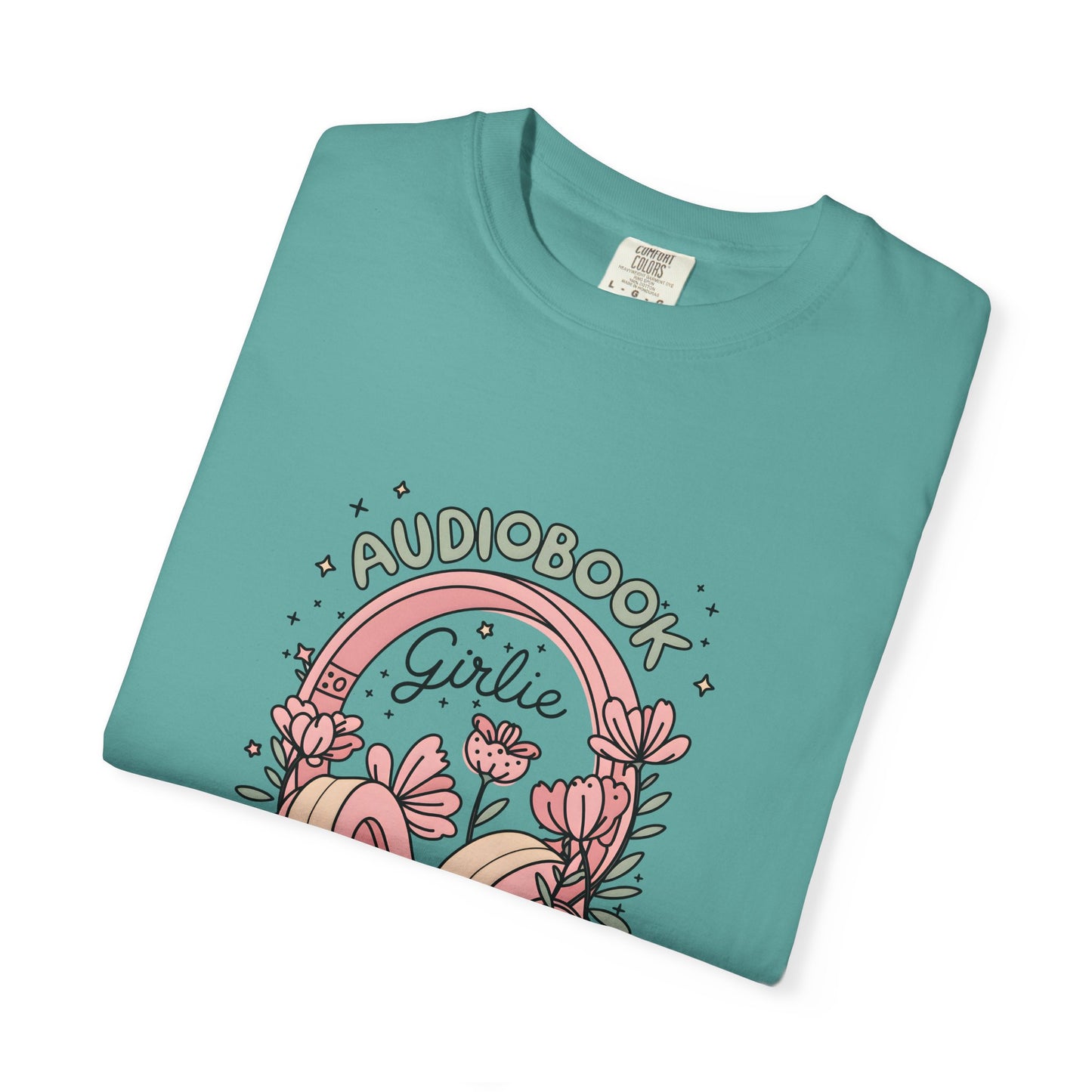 "Audiobook Girlie" T-Shirt — Floral Headphones Graphic Tee