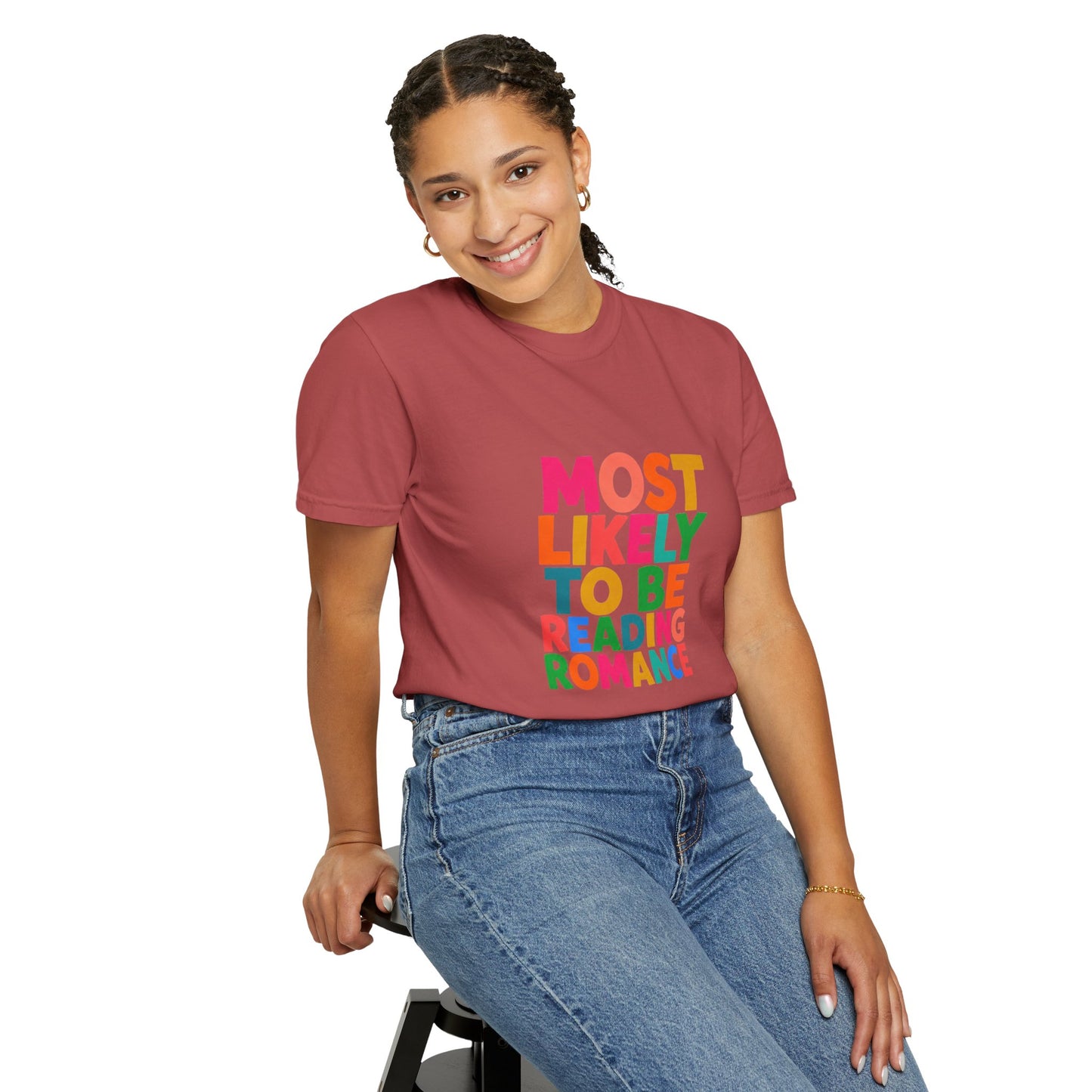 "Most Likely to Be Reading Romance" Colourful Book Lover Tee