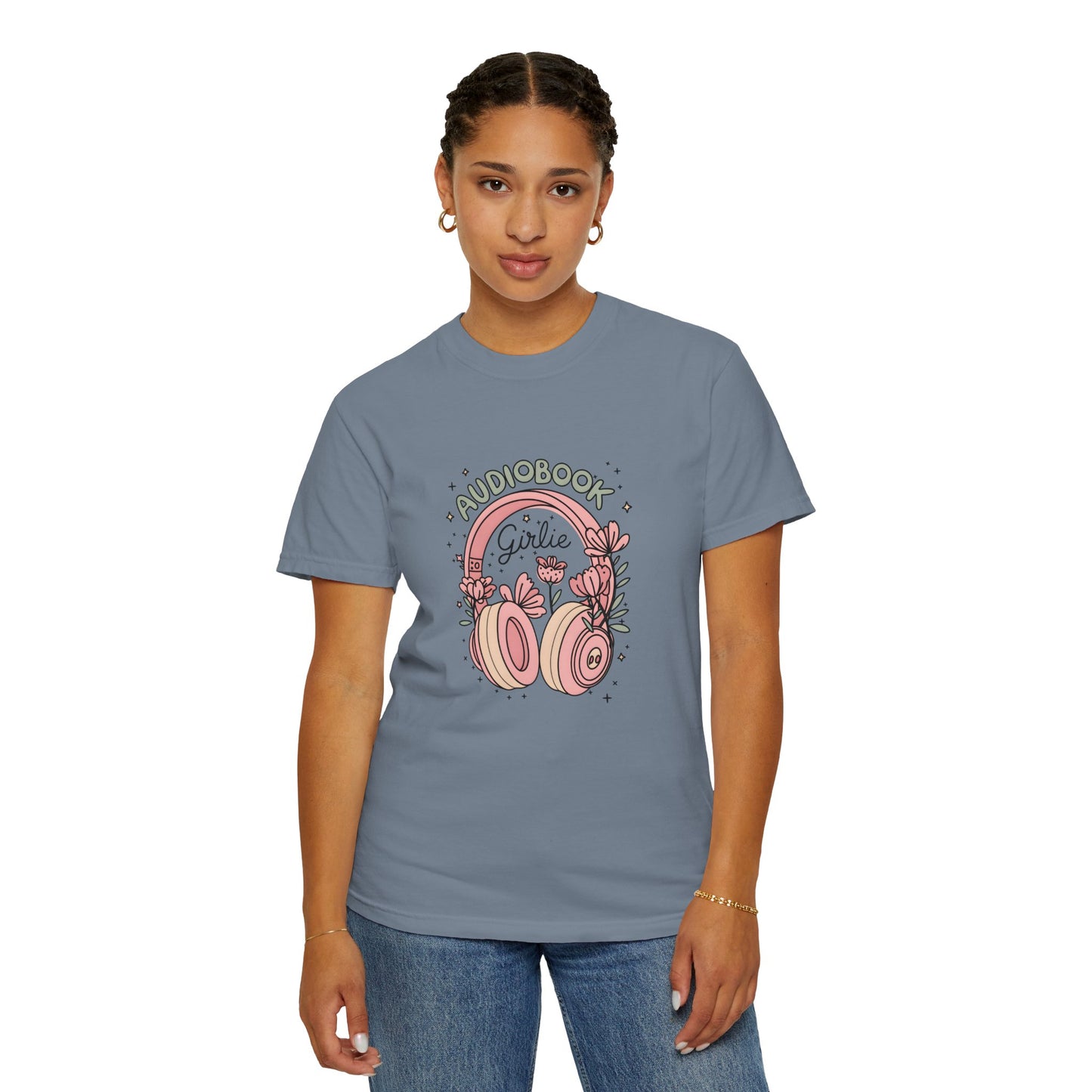 "Audiobook Girlie" T-Shirt — Floral Headphones Graphic Tee