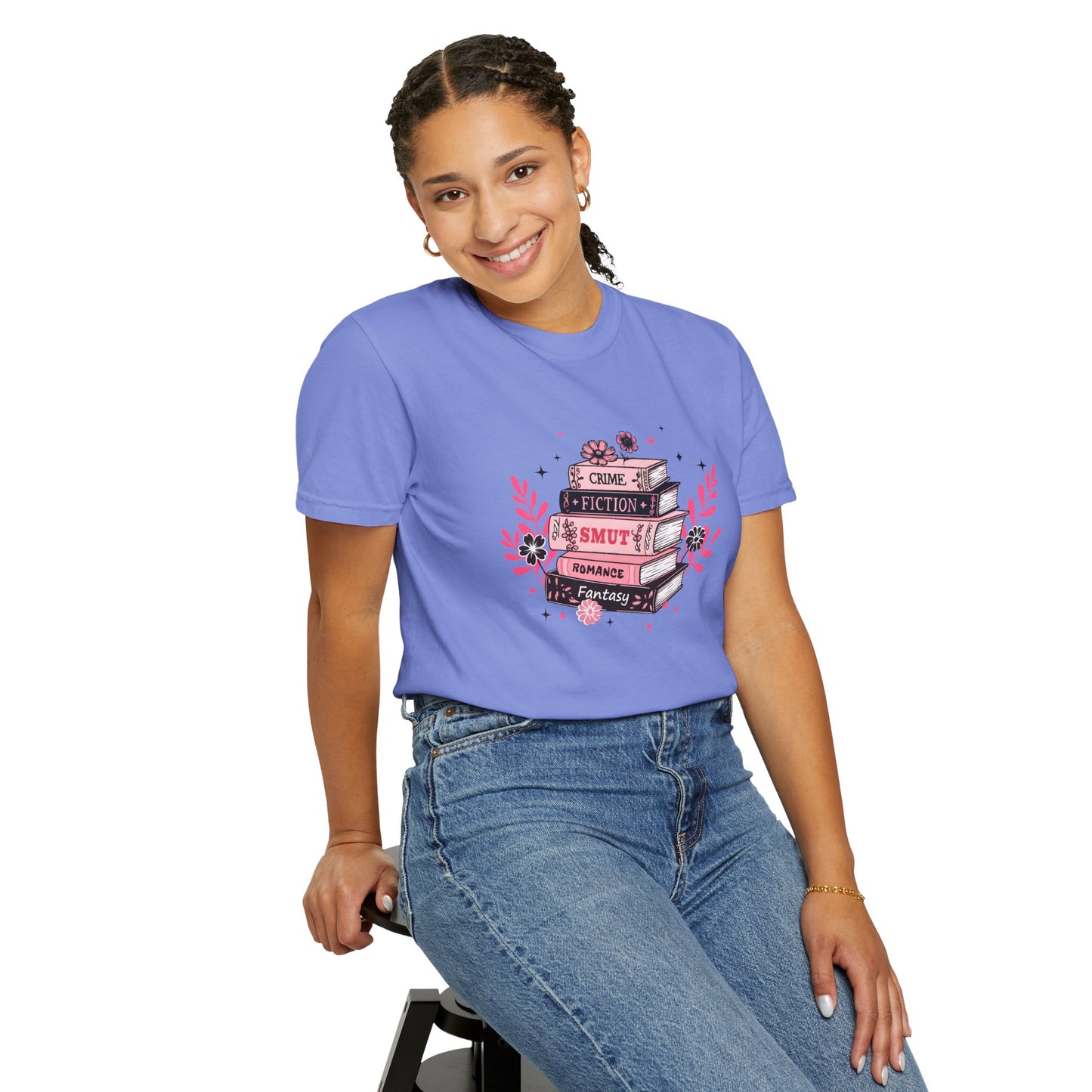 Book Stack Graphic T-Shirt — Cute Floral Reading Shirt (Crime, Fiction, Smut, Romance)