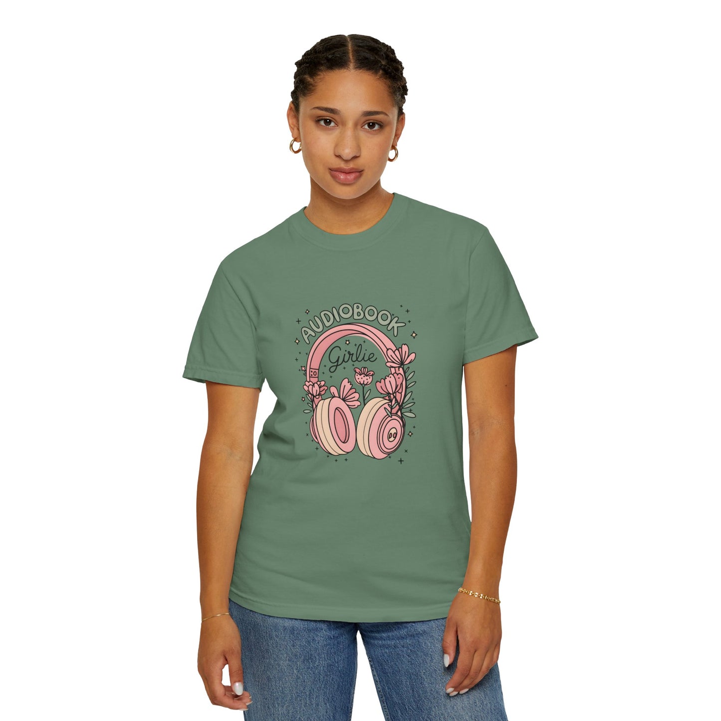 "Audiobook Girlie" T-Shirt — Floral Headphones Graphic Tee