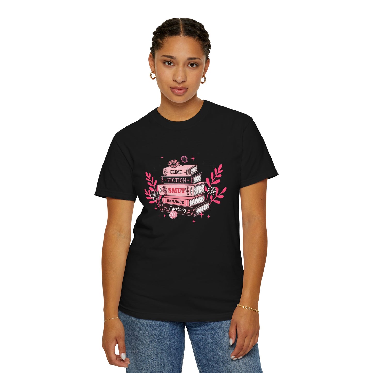 Book Stack Graphic T-Shirt — Cute Floral Reading Shirt (Crime, Fiction, Smut, Romance)