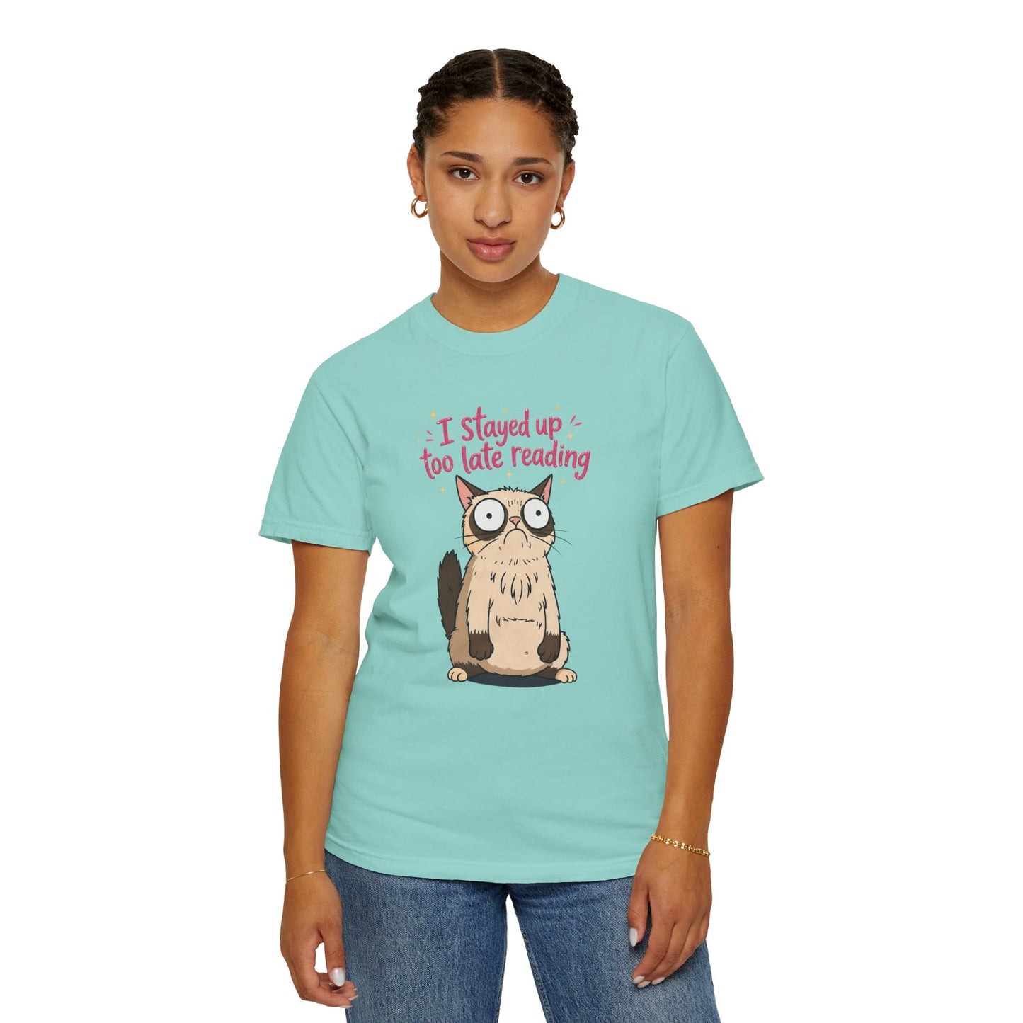 "I Stayed Up Too Late Reading" Cat T-Shirt — Cute Book Lover Graphic Tee