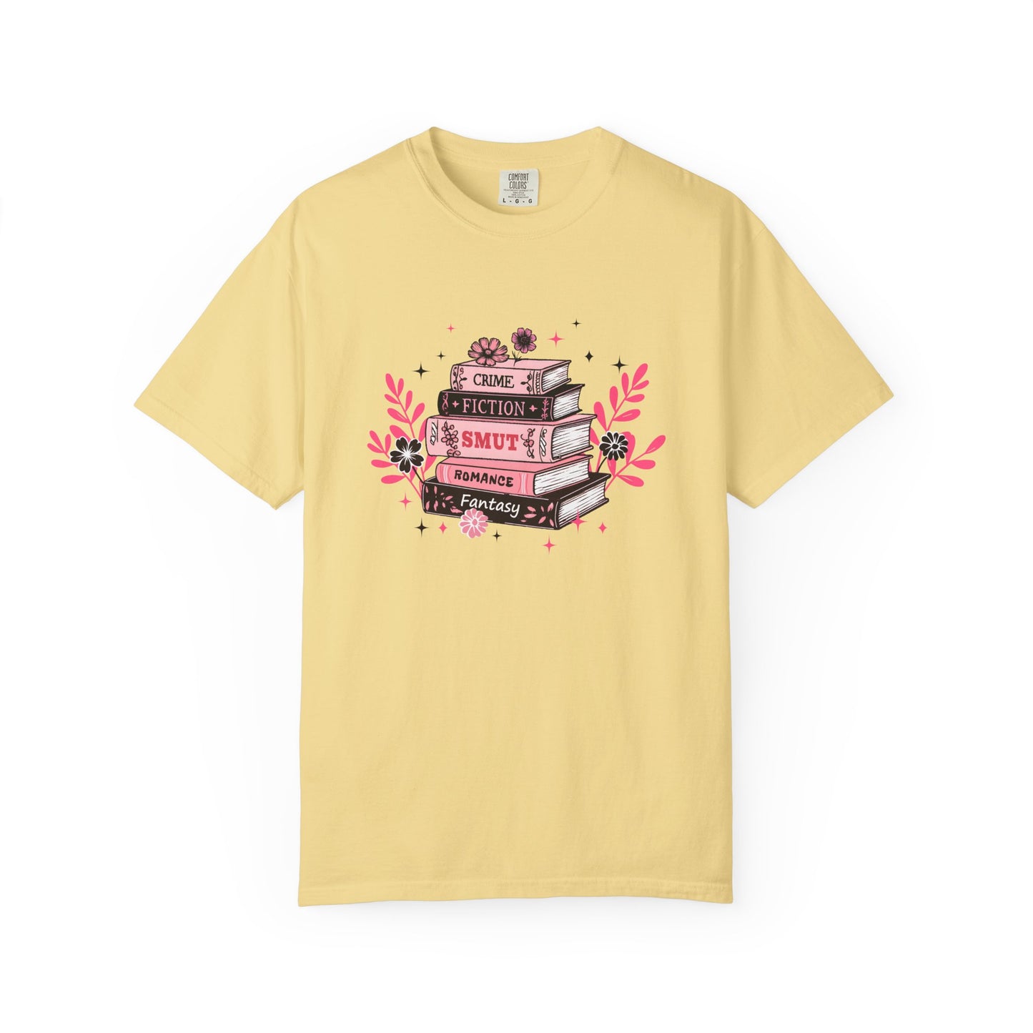 Book Stack Graphic T-Shirt — Cute Floral Reading Shirt (Crime, Fiction, Smut, Romance)