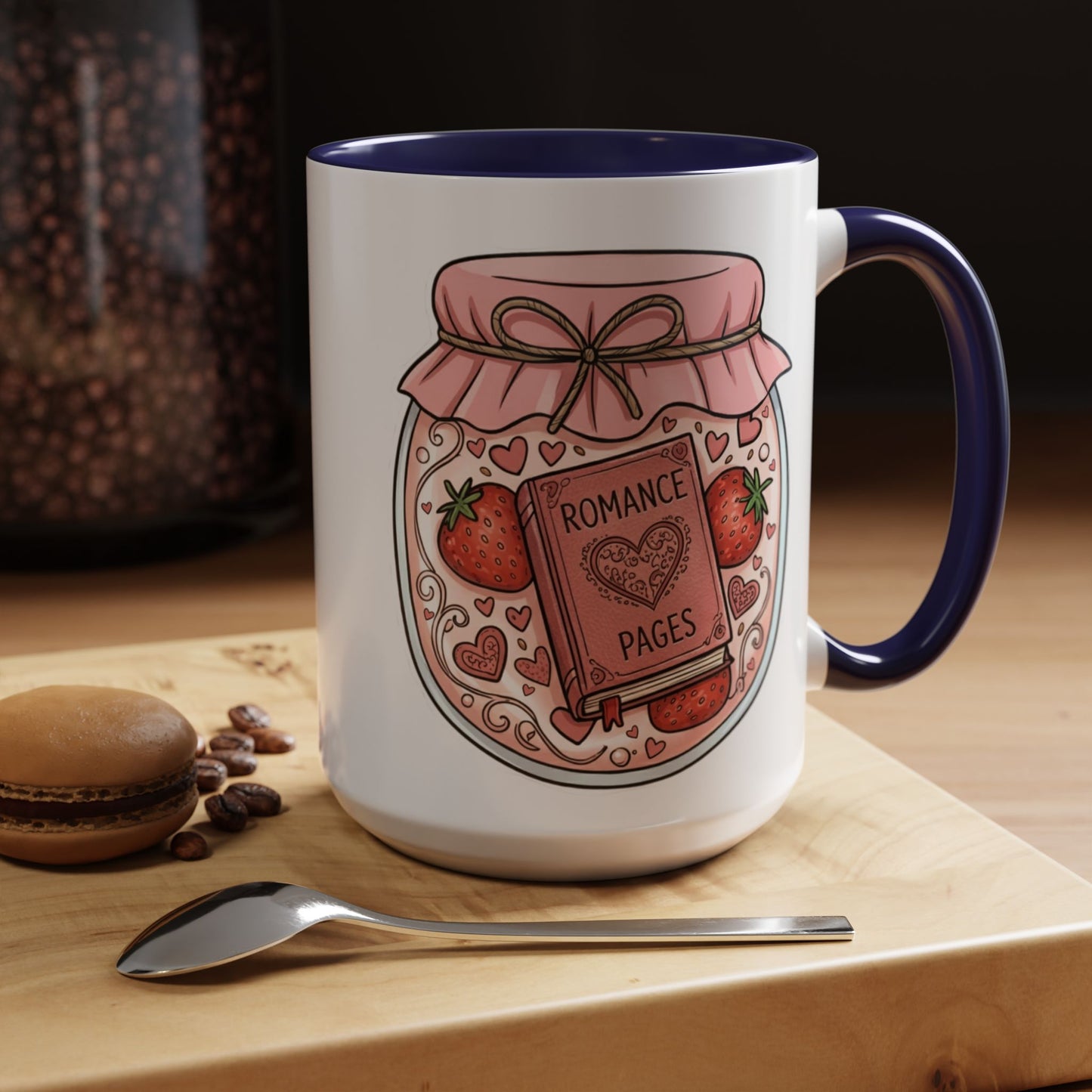 "Romance Pages" Jam Jar Coffee Mug — Cute Strawberry Jam Romance Readers Mug (11/15oz)