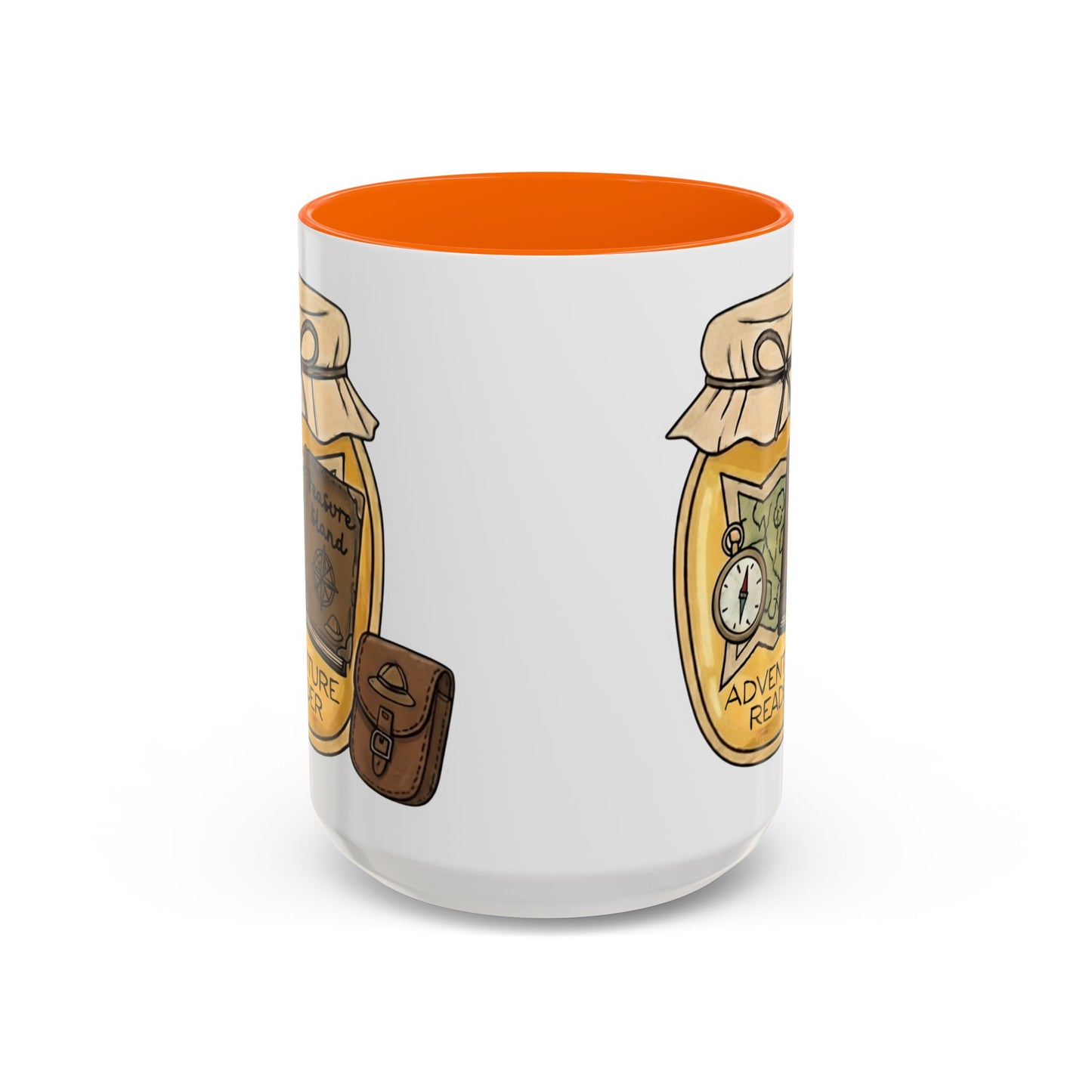 "Adventure Reader" Accent Coffee Mug — Bookish Travel Compass & Treasure Jam Jar Design