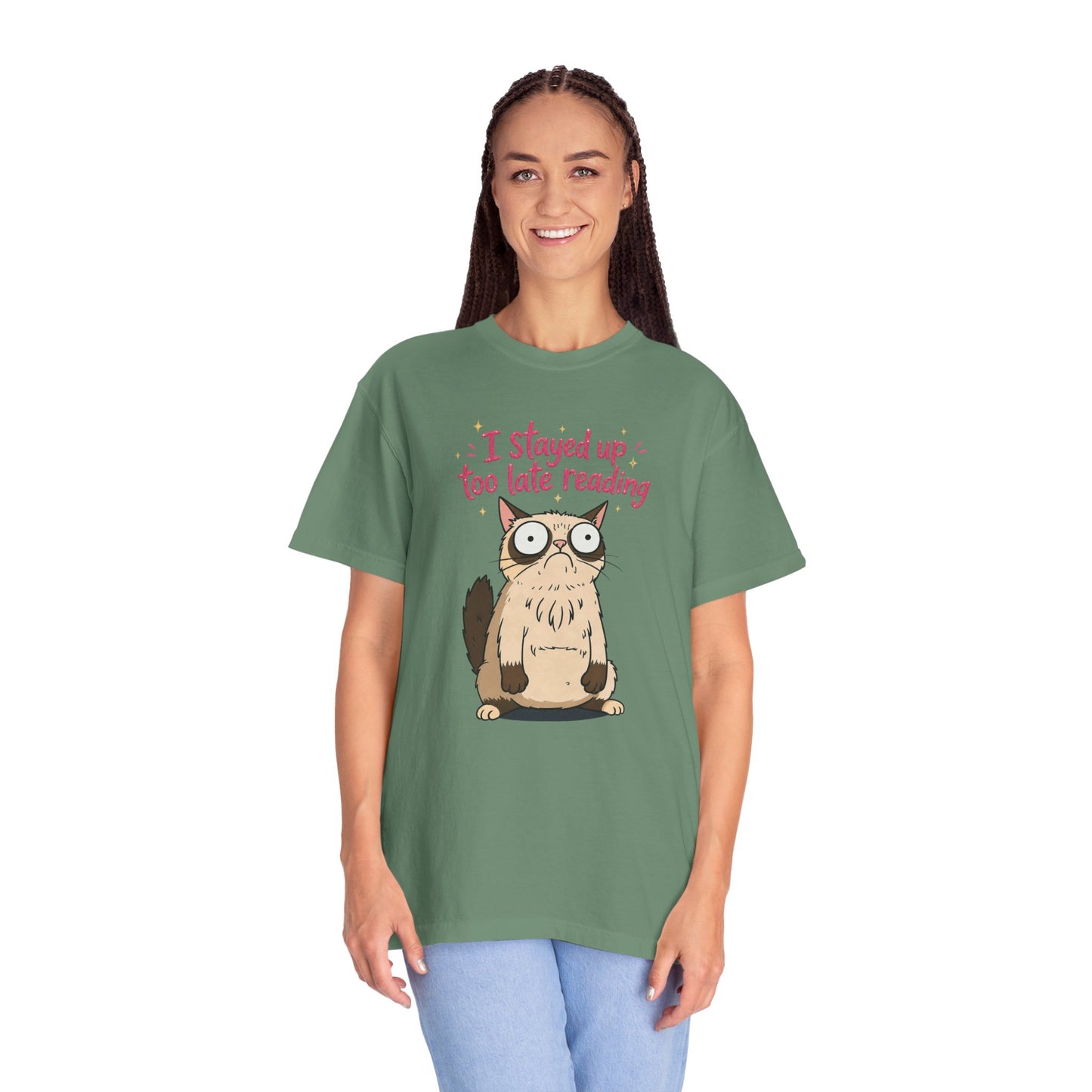 "I Stayed Up Too Late Reading" Cat T-Shirt — Cute Book Lover Graphic Tee